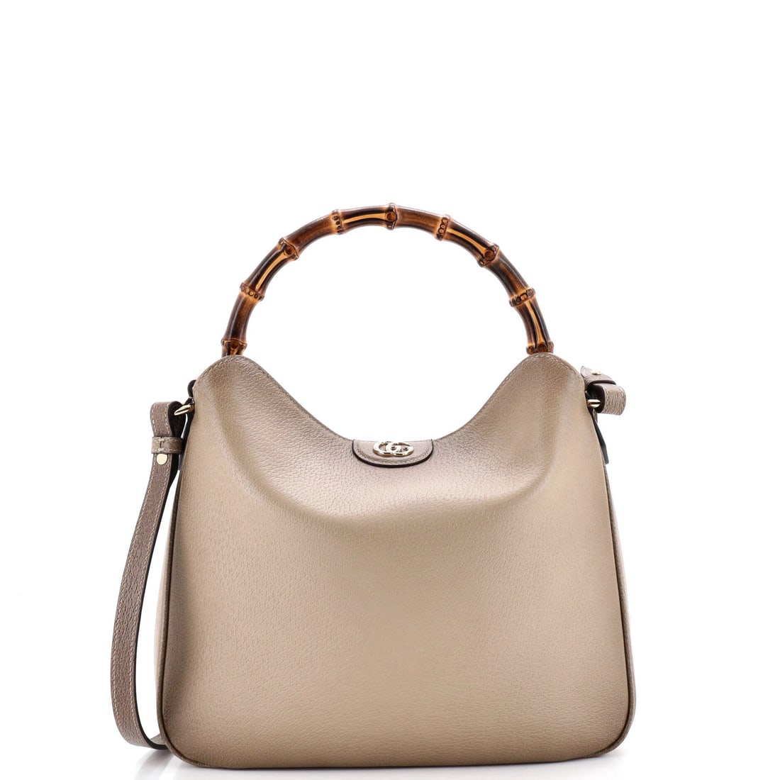 Diana Gucci Leather Bamboo Bag NM Medium Shoulder: Diana Gucci Leather Bamboo Bag NM Medium Shoulder The Diana Gucci Leather Bamboo Bag features a neutral exterior with heavy corner wear, scuffs, and minor creases. Made from high-quality leather and