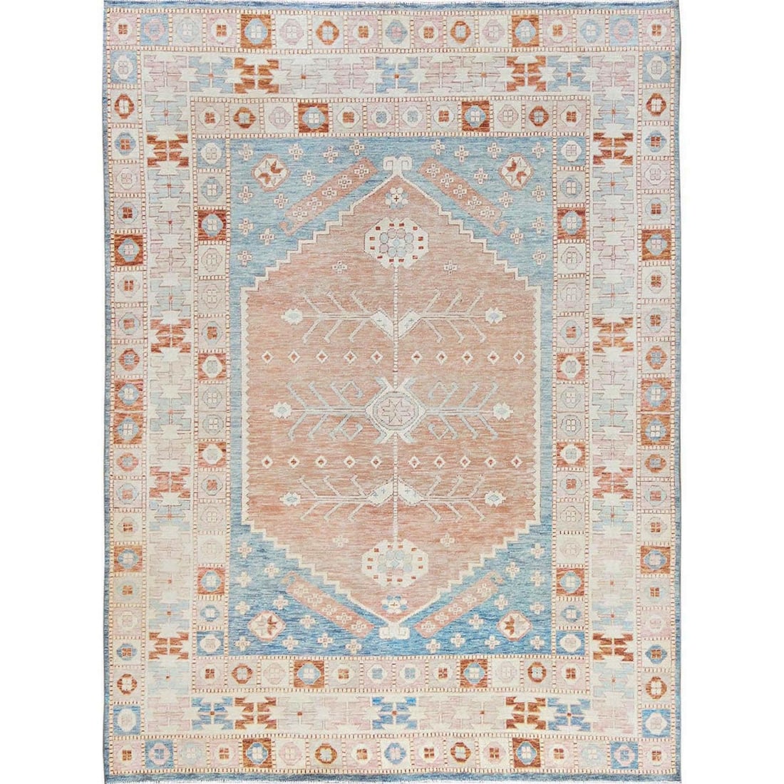 8'10"x11'9" Orange Hand Knotted Rug Zero Pile Wool Anatolian Village Design: 8'10"x11'9" Orange Hand Knotted Rug Zero Pile Wool Anatolian Village Design Hand-knotted Anatolian village design rug in vibrant blue, featuring geometric patterns and a rectangular field. Made from