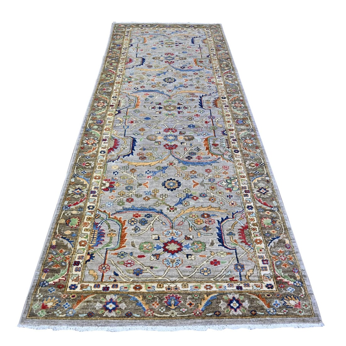 4'1"x11'8" Gray Vegatable Dyes Vibrant Wool Wide Runner Oriental Rug: 4'1"x11'8" Gray Vegatable Dyes Vibrant Wool Wide Runner Oriental Rug Hand-knotted in wool, this vibrant grey oriental runner rug boasts an intricate regional design and subtle field color. Measuring