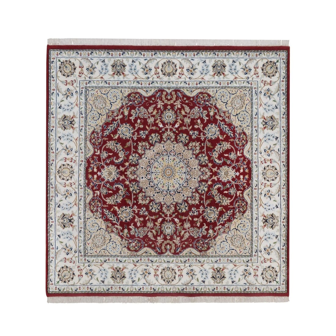 6'x6' Red Nain with Medallion Design Hand Knotted Wool and Silk Square Rug: 6'x6' Red Nain with Medallion Design Hand Knotted Wool and Silk Square Rug 6'x6' Red Nain with Medallion Design Hand Knotted Wool and Silk Square Rug features an intricate medallion pattern in a