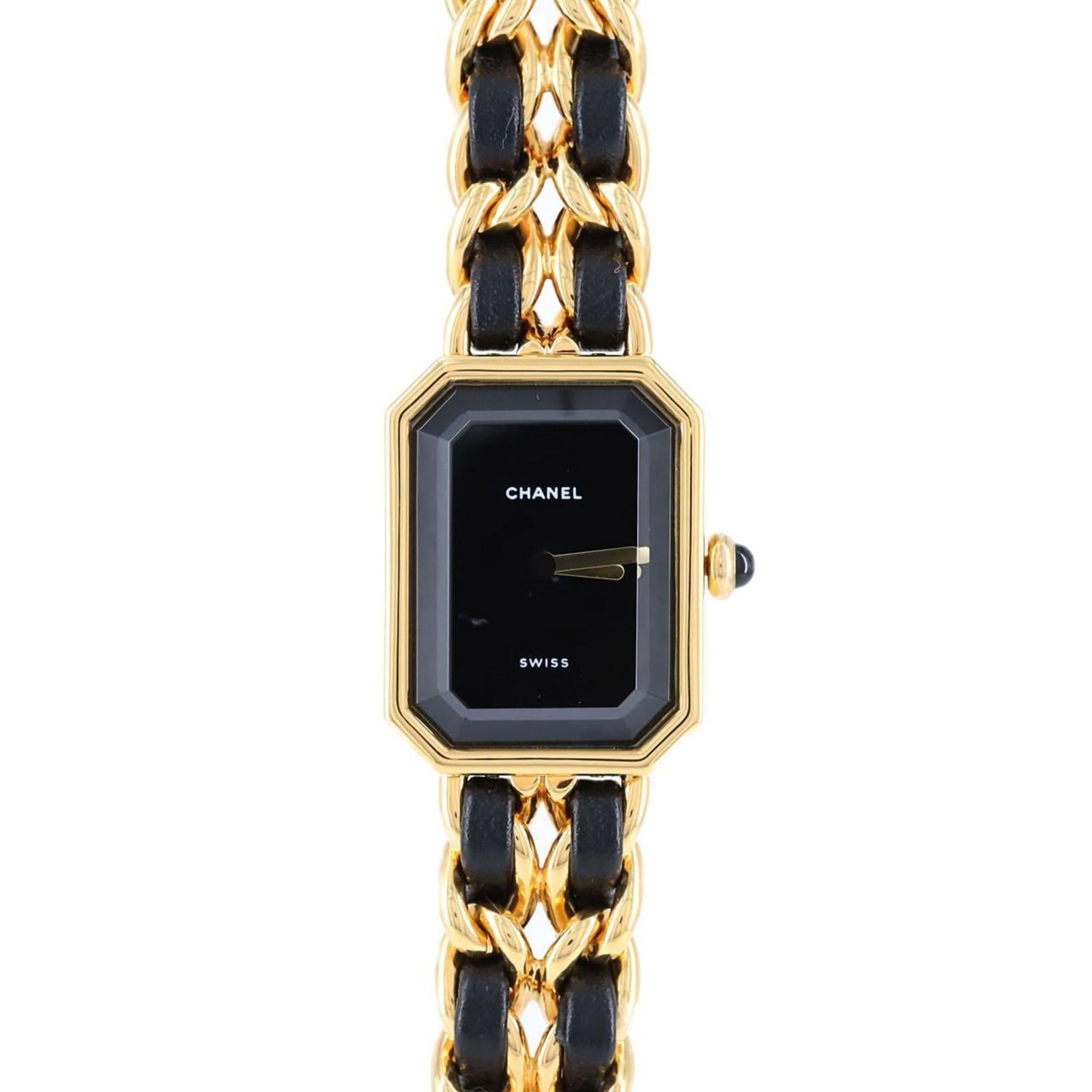 Chanel Wristwatch: Chanel Wristwatch Gold plated Chanel wristwatch with an analog display, featuring a black dial and gold plated case and band. The watch has a diameter of 26mm and fits wrists up to 13cm in size. In ve
