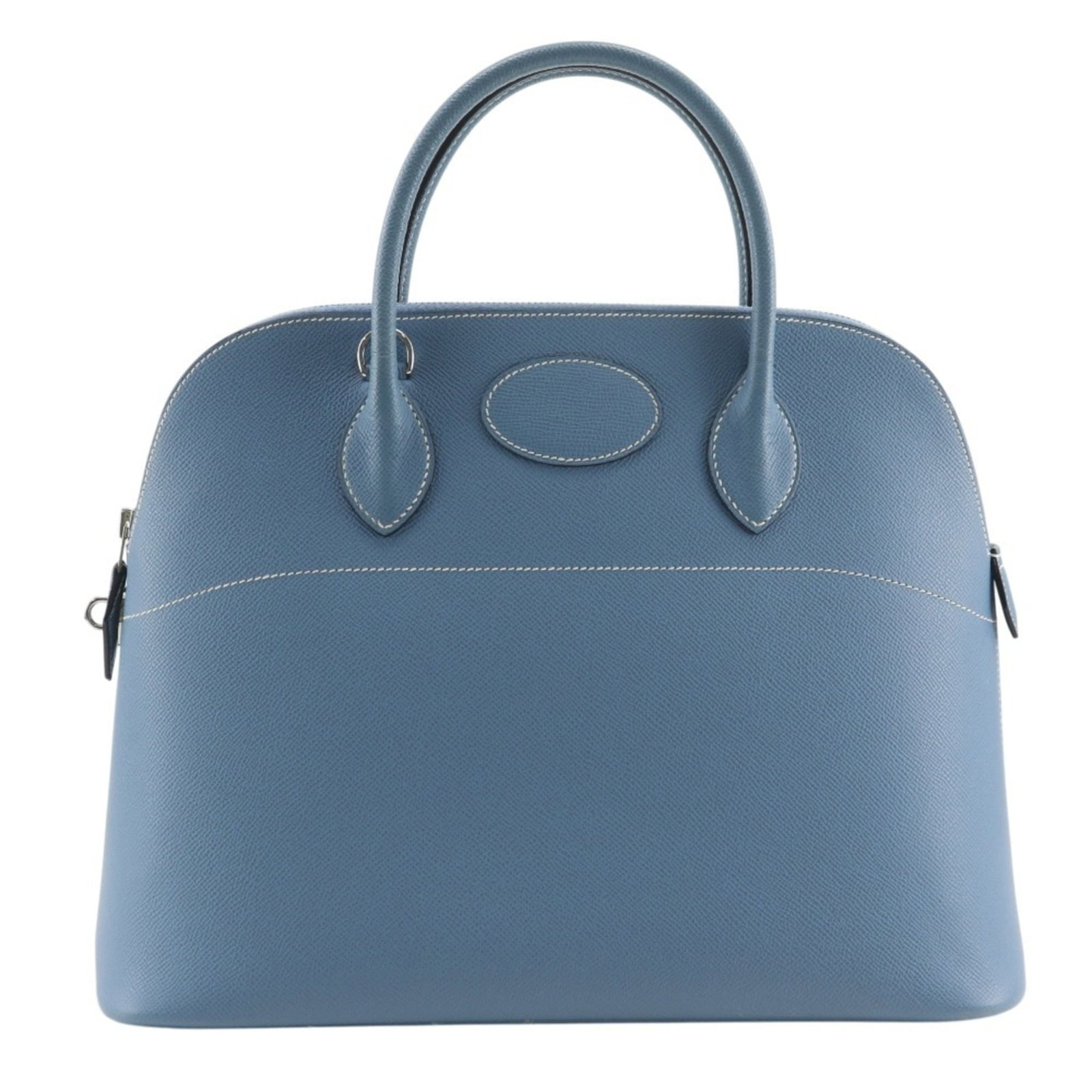 Handbag Hermes Epsom Leather: Handbag Hermes Epsom Leather The Epsom Leather Handbag from Hermes boasts its iconic blue jean color and sleek silver hardware, making it a stylish addition to any woman's wardrobe. Measuring 27cm x 3