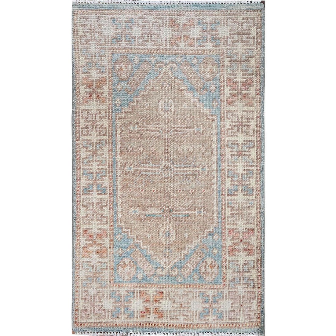 Pure Wool Rug Anatolian Village Design Light Blue Hand Knotted Mat: Pure Wool Rug Anatolian Village Design Light Blue Hand Knotted Mat Pure Anatolian Village Design Light Blue Hand Knotted Wool Rug. This stunning, hand-knotted wool rug boasts a beautiful light blue fi
