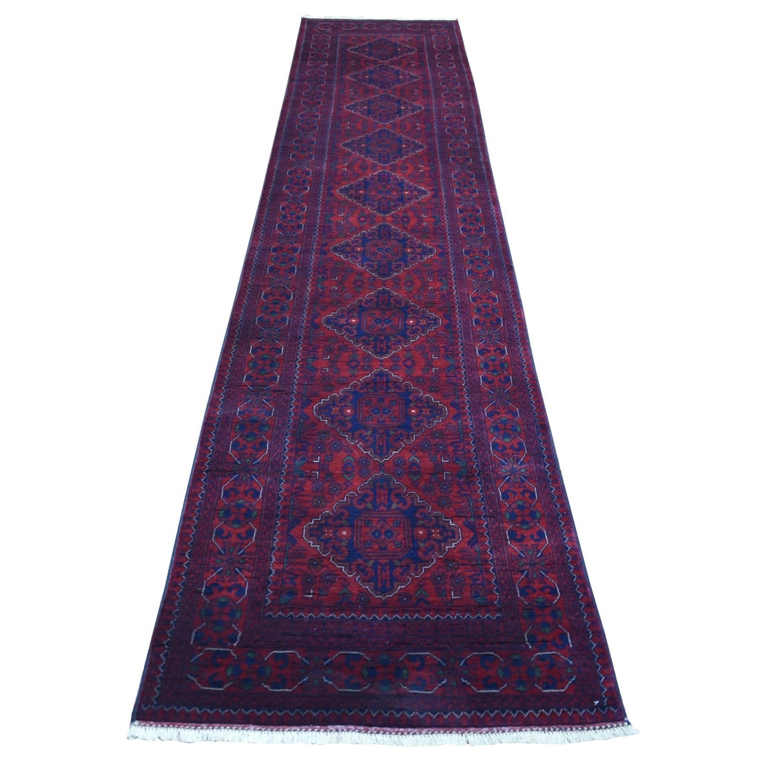 2'8"x13'1" Red Afghan Khamyab Pure Wool Geometric Design Hand Knotted Rug (1 of 6)