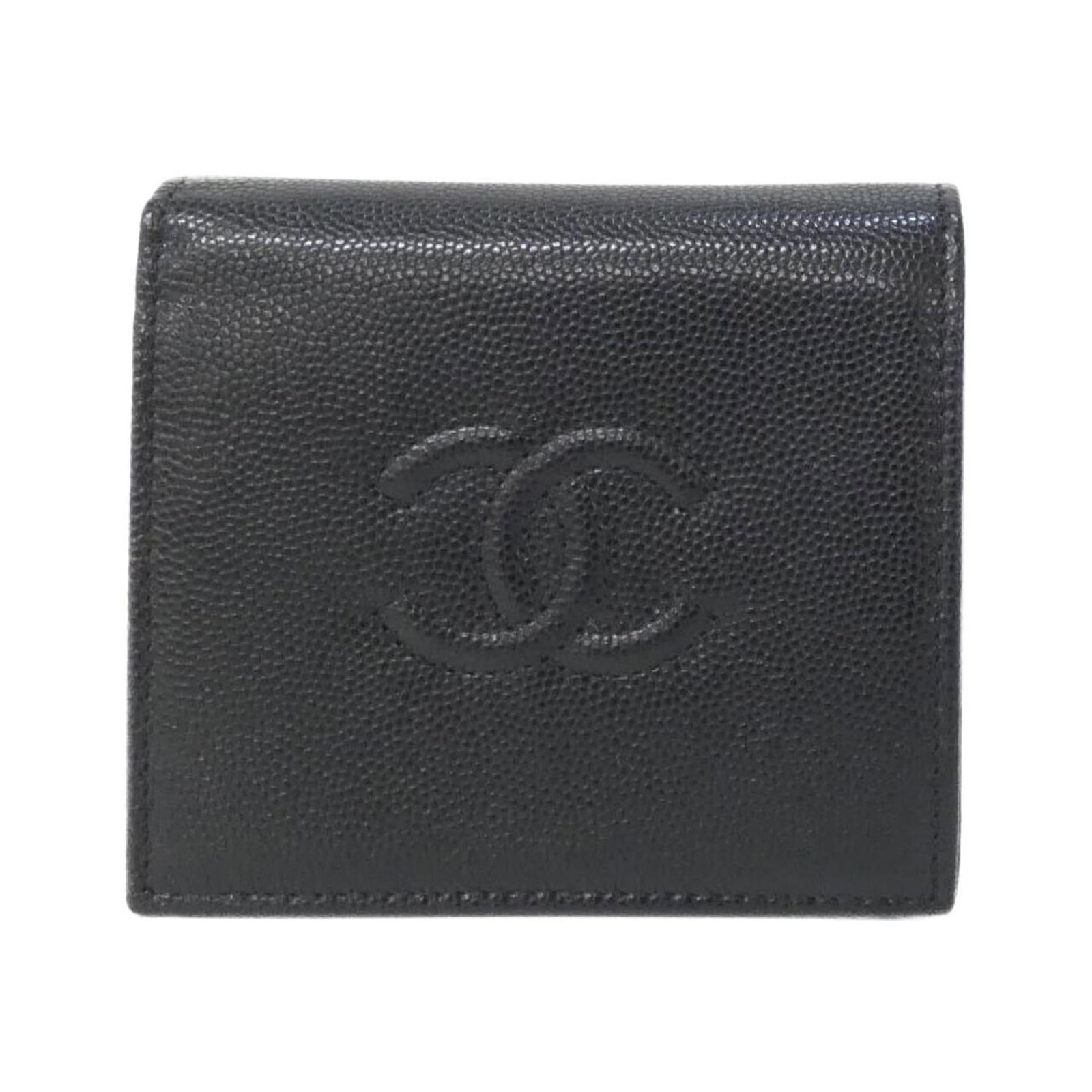 Calfskin Bi Fold Chanel Wallet: Calfskin Bi Fold Chanel Wallet Calfskin Bi Fold Chanel Wallet in Black. This used bi-fold wallet features grained calfskin and measures 9cm x 10cm x 2cm, showcasing a classic design with a subtle