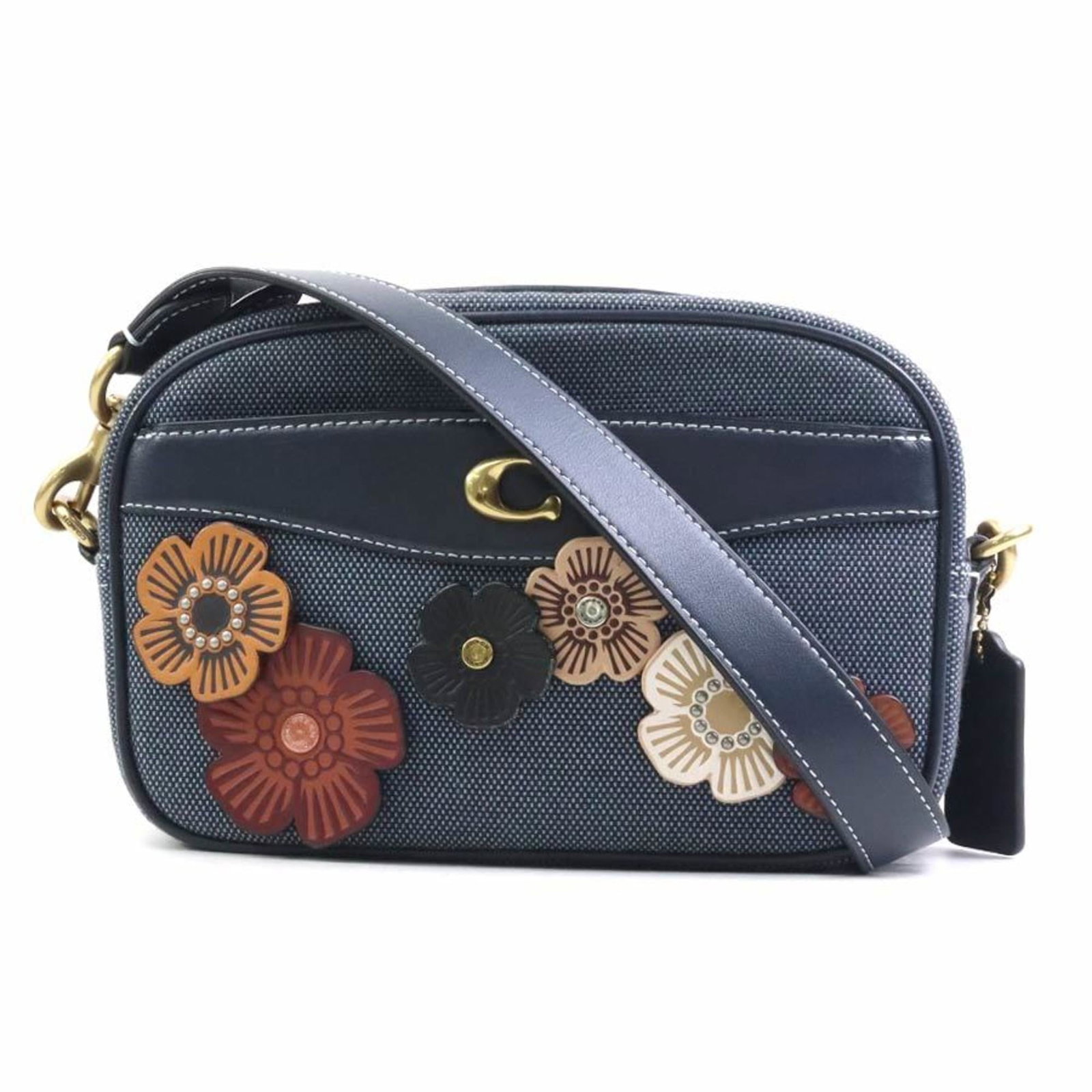 Shoulder Bag Canvas Leather: Shoulder Bag Canvas Leather Canvas and leather come together in this navy shoulder bag, featuring a classic design with a few subtle signs of wear. The bag's canvas exterior has some scratches and dir