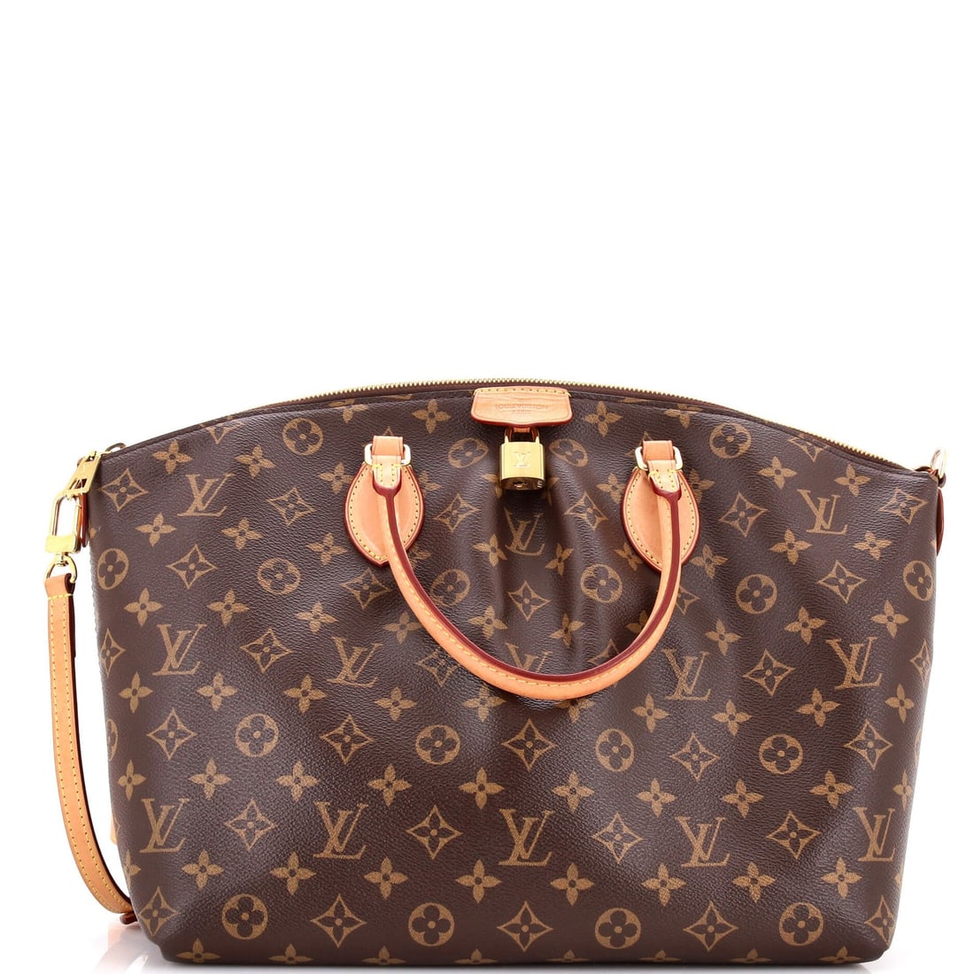 Boetie Zipped Monogram Canvas Tote Louis Vuitton: Boetie Zipped Monogram Canvas Tote Louis Vuitton Brown canvas zipped monogram tote with gold hardware, featuring scuffs, creases, and cracking on the exterior. The interior is a vibrant red fabric.