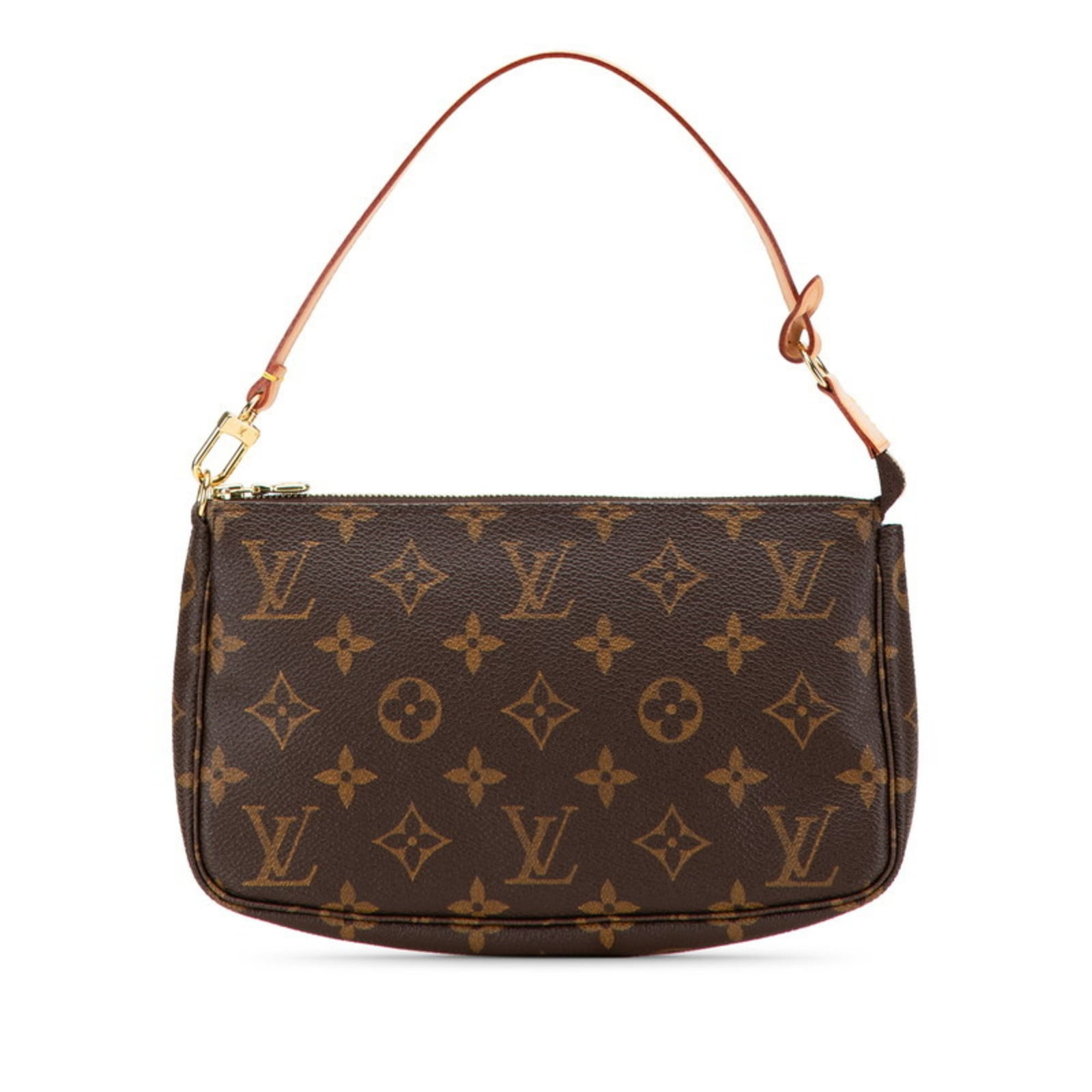 PVC Leather Louis Vuitton Pochette Handbag: PVC Leather Louis Vuitton Pochette Handbag PVC Leather Louis Vuitton Pochette Handbag in Brown, featuring a unique blend of PVC and leather materials. Measuring 12cm x 18cm x 3.5cm, this pochette has 