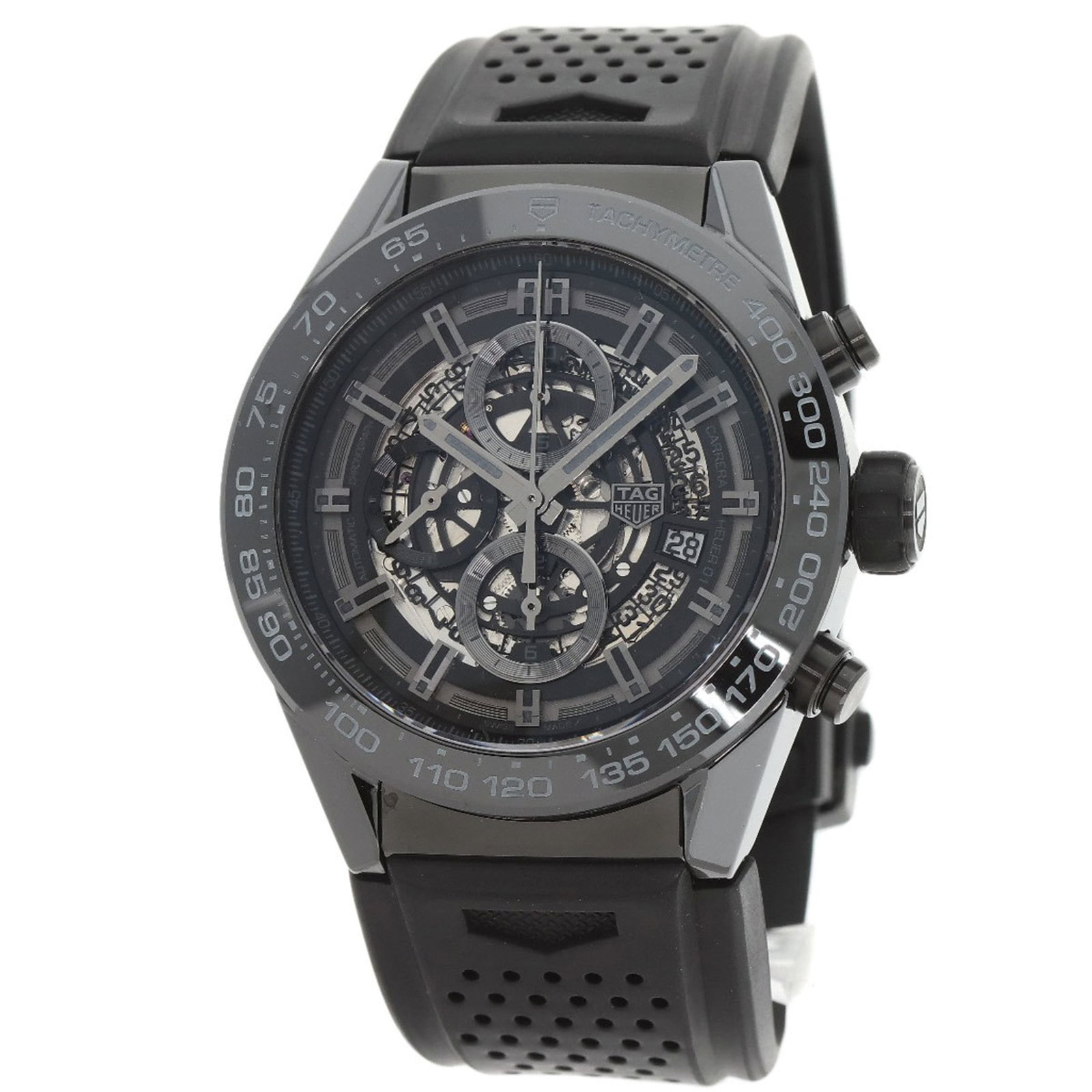 Wristwatch by Heuer: Wristwatch by Heuer Ceramic case and rubber band give this Tag Heuer wristwatch its distinctive look, with a 45mm diameter and adjustable fit for wrists up to 20cm in size. The watch has been used and