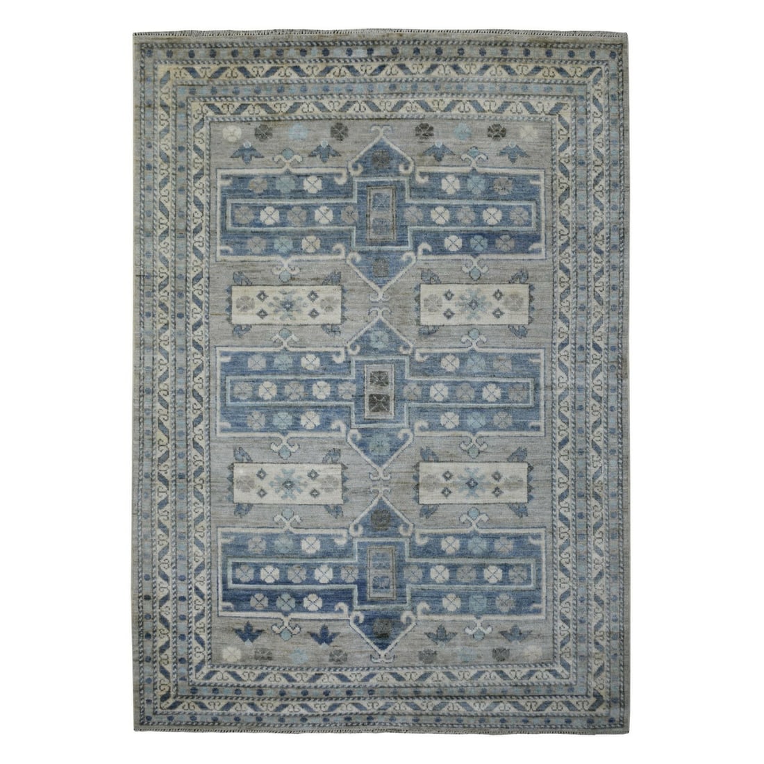 6'2"x8'7" Gray Anatolian Design Supple Wool Hand Knotted Oriental Rug: 6'2"x8'7" Gray Anatolian Design Supple Wool Hand Knotted Oriental Rug The Afghan design in gray wool creates a striking visual effect on this rectangular hand-knotted rug, measuring 6'2" x 8'7". Hand-