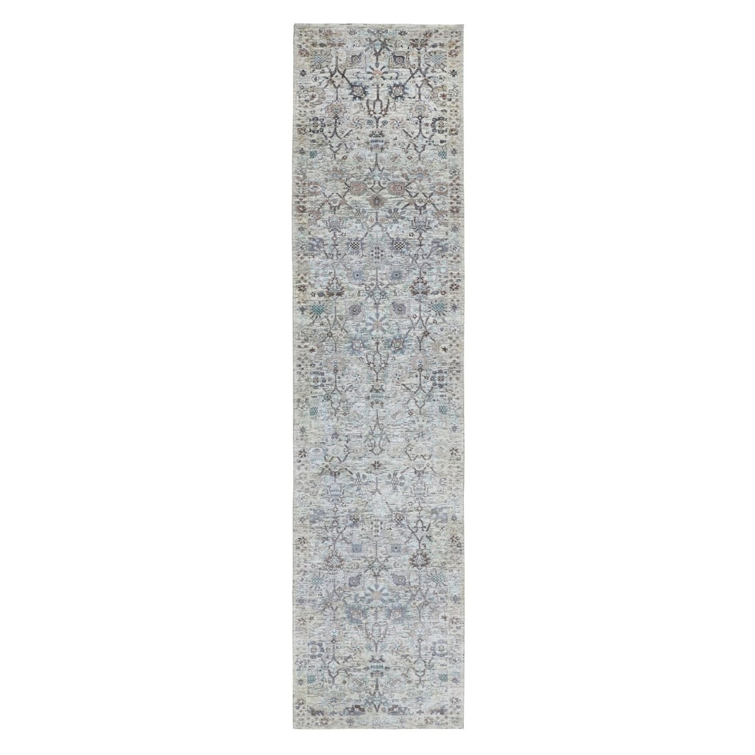 2'5"x12' Ivory Silk With Textured Tebraz Design Runner Hand Knotted Rug: 2'5"x12' Ivory Silk With Textured Tebraz Design Runner Hand Knotted Rug Hand-knotted in wool and silk, this 2'5" x 12" Oriental-style runner rug boasts intricate textured Tebraz design. Made with a