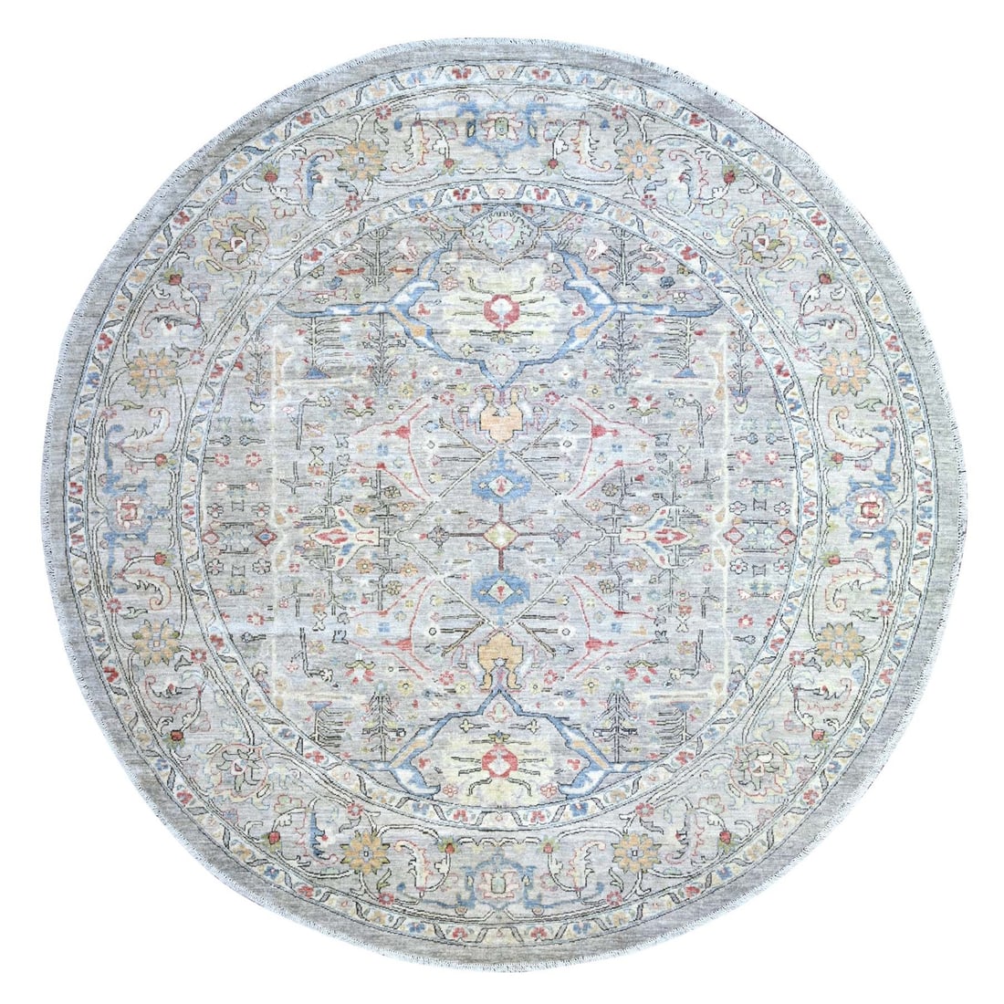8'x8' Gray Ziegler Mahal Hand Knotted Pure Wool Round Oriental Rug: 8'x8' Gray Ziegler Mahal Hand Knotted Pure Wool Round Oriental Rug 8'x8' Gray Ziegler Mahal Hand Knotted Pure Wool Round Oriental Rug - A stunning example of traditional Afghan craftsmanship, this