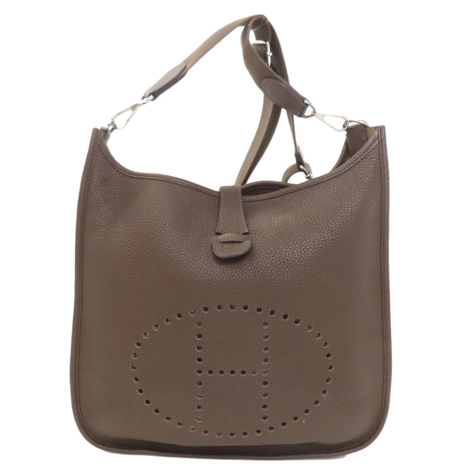 Hermes Shoulder Bag Taurillon Clemence Leather: Hermes Shoulder Bag Taurillon Clemence Leather Dark Brown Taurillon Clemence Leather Shoulder Bag with Silver Hardware, featuring an open pocket and snap fastener closure, now available for purchase. 