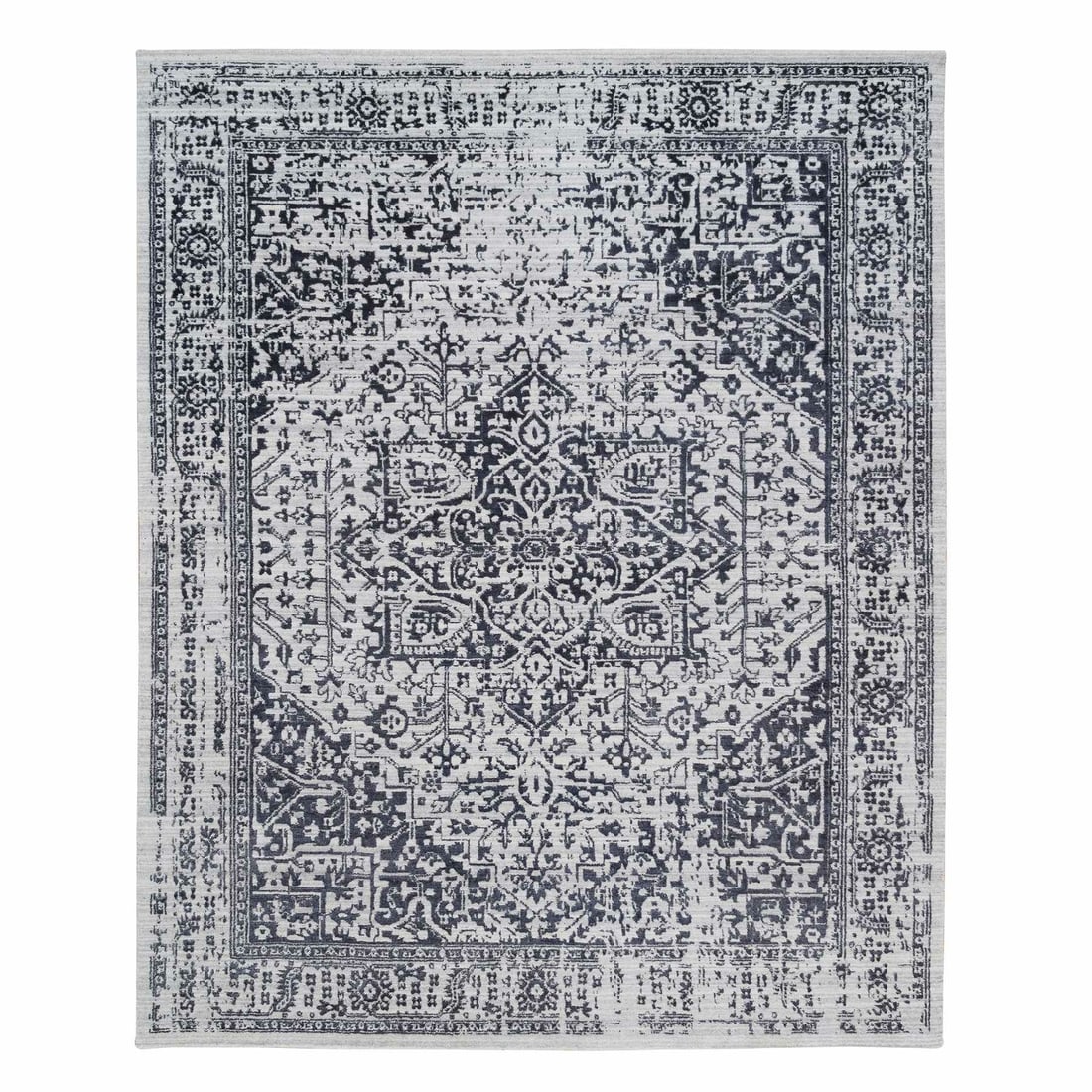 8'x10' Black Hand Loomed Erased Serapi Heris Design Wool and Silk Rug: 8'x10' Black Hand Loomed Erased Serapi Heris Design Wool and Silk Rug Black Hand Loomed Erased Serapi Heris Design Wool and Silk Rug, measuring 8'0" x 10'0", boasts a striking black field with