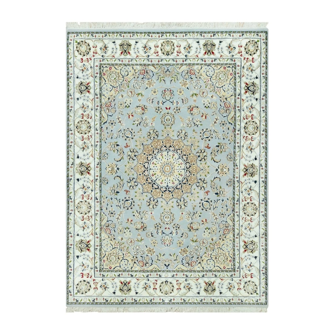 5'x6'9" Brittany Blue Nain Design 250 KPSI Natural Wool Hand Knotted Rug: 5'x6'9" Brittany Blue Nain Design 250 KPSI Natural Wool Hand Knotted Rug Brittany Blue Nain Design 250 KPSI Natural Wool Hand Knotted Rug - A stunning, hand-knotted wool rug with a vibrant blue field 