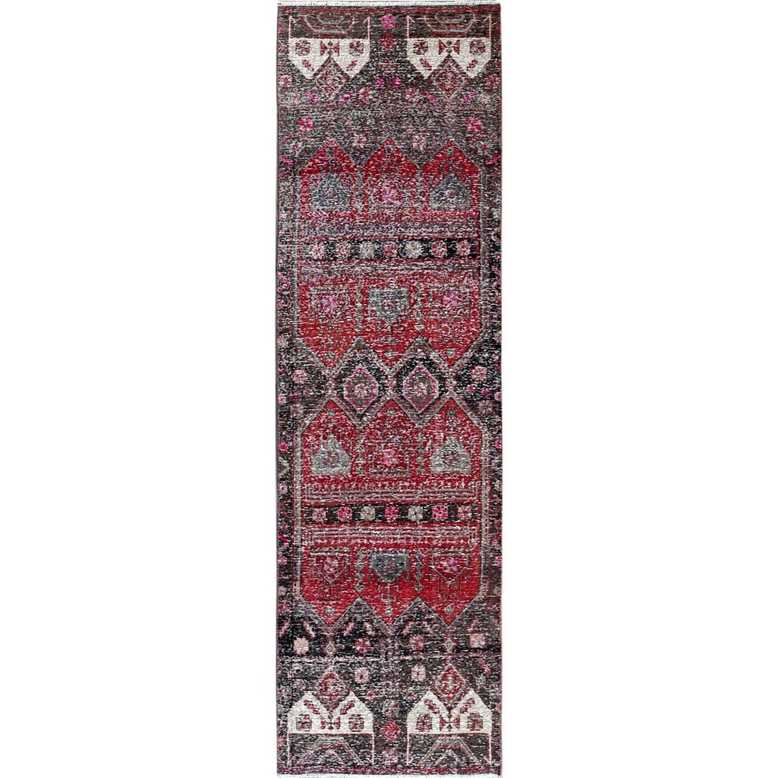 2'7"x9'1" Red Overdyed Vintage Zoroastrian Hand Knotted Wool Runner Rug: 2'7"x9'1" Red Overdyed Vintage Zoroastrian Hand Knotted Wool Runner Rug Hand-knotted wool runner rug with a stunning red overdyed design, featuring intricate geometric patterns reminiscent of