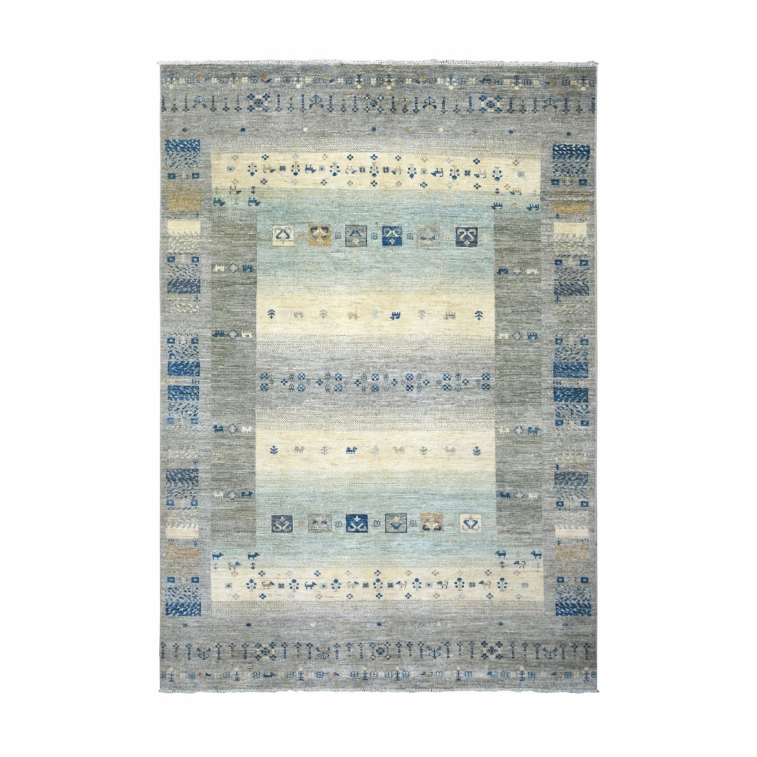 6'1"x9' Gray Soft Wool Hand Knotted Afghan Kashkuli Gabbeh Design Rug: 6'1"x9' Gray Soft Wool Hand Knotted Afghan Kashkuli Gabbeh Design Rug Softly glowing with a gentle gray hue, this hand-knotted Afghan-style rug boasts an intricate Oriental design in a rectangular