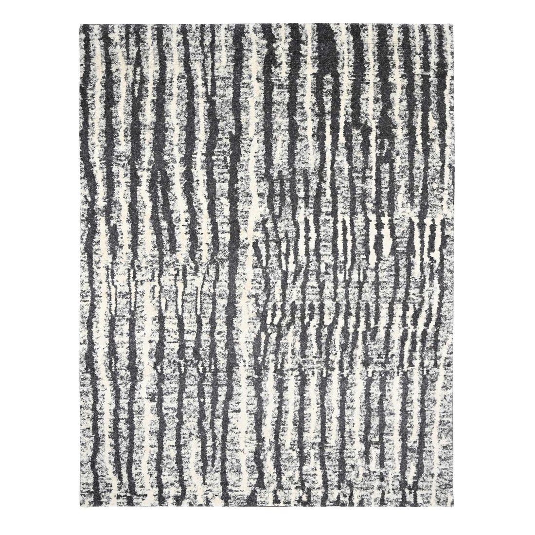 9'1"x11'8" Black and Ivory Modern Design Organic Wool Hand Knotted Rug: 9'1"x11'8" Black and Ivory Modern Design Organic Wool Hand Knotted Rug Black and Ivory Modern Design Organic Wool Hand Knotted Rug features a striking rectangular field with no border, showcasing a