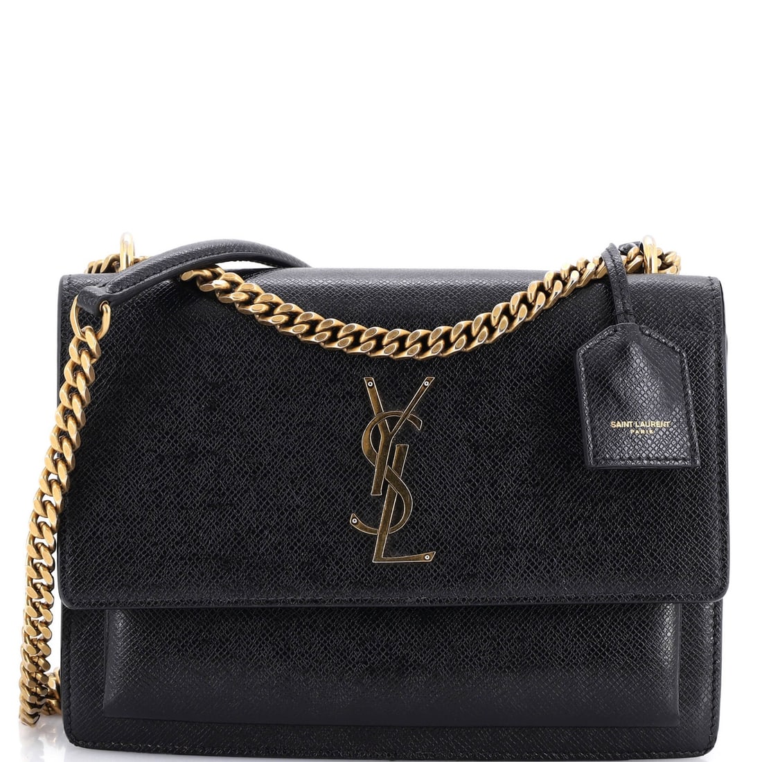 Laurent Saint medium leather crossbody bag sunset: Laurent Saint medium leather crossbody bag sunset Black leather crossbody bag with gold hardware, featuring a medium size and sunset design. The bag boasts heavy corner wear, edge wear, minor scuffs,
