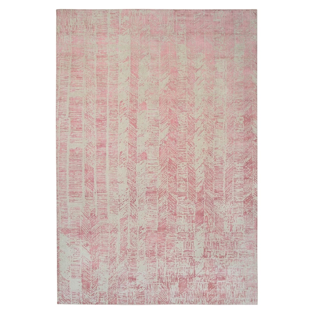 11'10"x17'10" Pink Wool and Art Silk Jacquard Hand Loomed Oversized Rug: 11'10"x17'10" Pink Wool and Art Silk Jacquard Hand Loomed Oversized Rug The stunning 11'10"x17'10" Pink Wool and Art Silk Jacquard Hand Loomed Oversized Rug boasts a vibrant pink hue, intricately