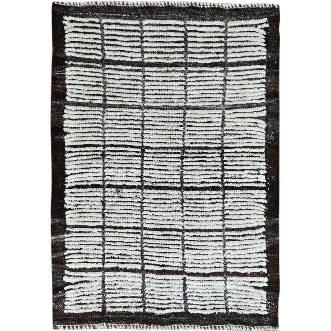 2'1"x3' White Moroccan Weave with Box Design Wool Hand Knotted Mat Rug: 2'1"x3' White Moroccan Weave with Box Design Wool Hand Knotted Mat Rug This stunning Moroccan weave wool hand-knotted mat rug boasts an elegant ivory color and intricate geometric pattern, adding a