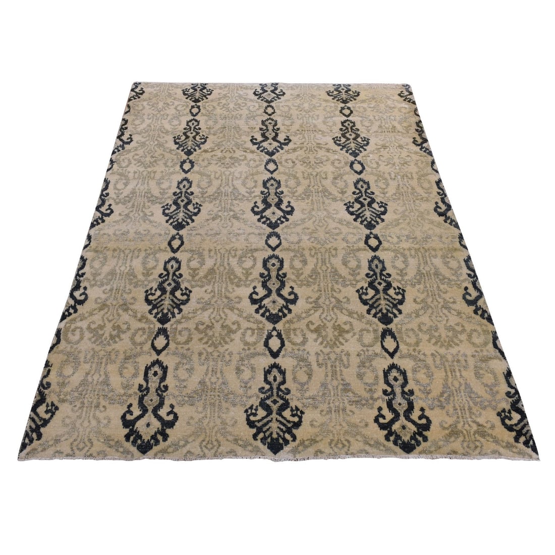 Pure wool hand knotted brown tone ikat design 5'10"x8'7: Pure wool hand knotted brown tone ikat design 5'10"x8'7 Pure wool hand knotted brown tone ikat design rug boasts an authentic oriental pattern, woven with traditional cotton foundation and finished