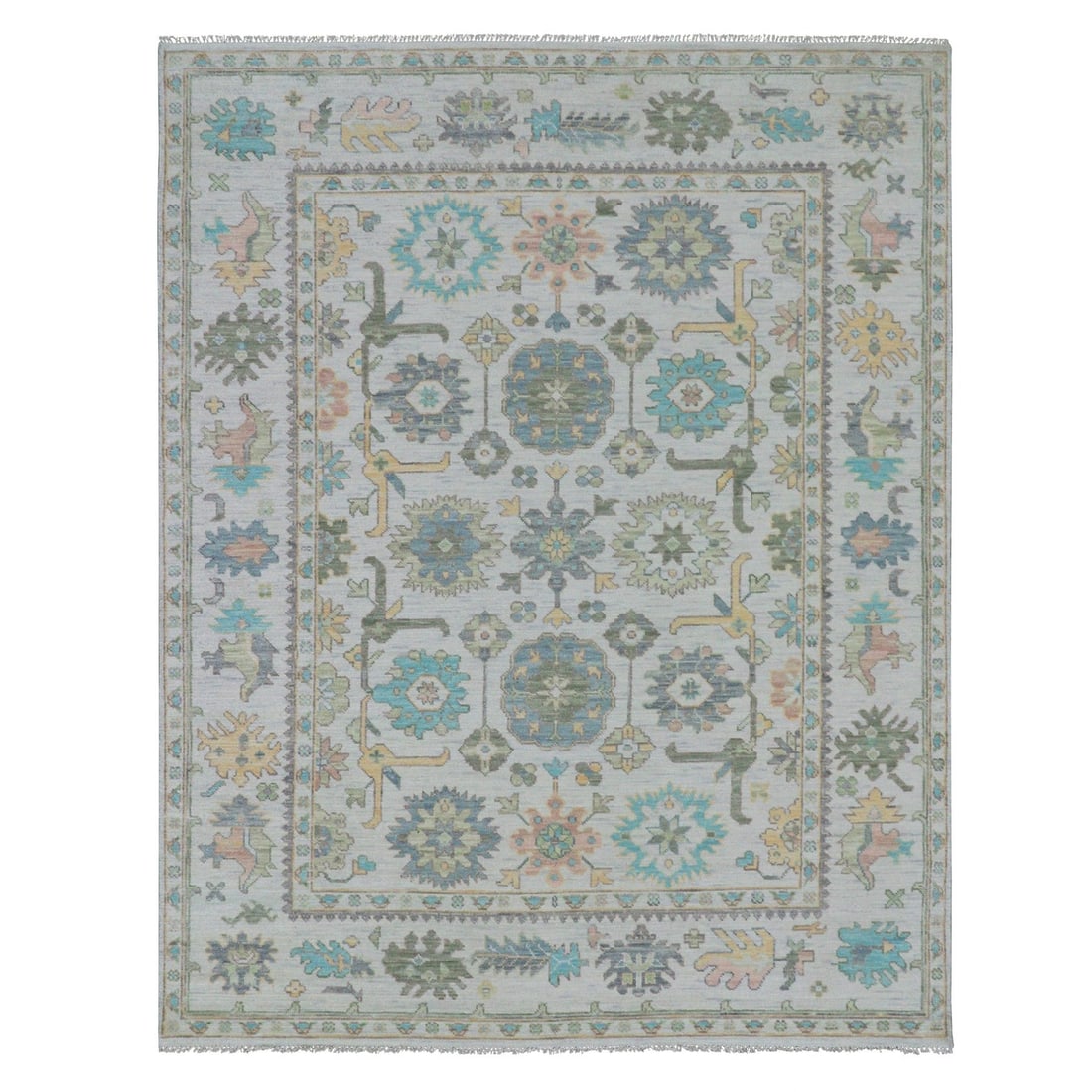 8'x10'3" White Hand Knotted Oushak Weave and Design 100% Wool Rug: 8'x10'3" White Hand Knotted Oushak Weave and Design 100% Wool Rug Hand-knotted with precision, this stunning 8'x10'3" Oushak weave and design rug boasts an intricate ivory color palette, complemented