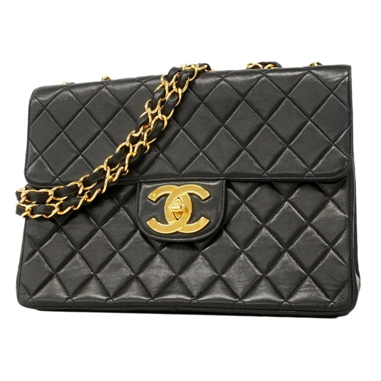 Shoulder Bag Leather: Shoulder Bag Leather This classic Chanel shoulder bag features genuine lambskin leather in black, adorned with gold hardware. The timeless design showcases the signature Chanel style, while minor