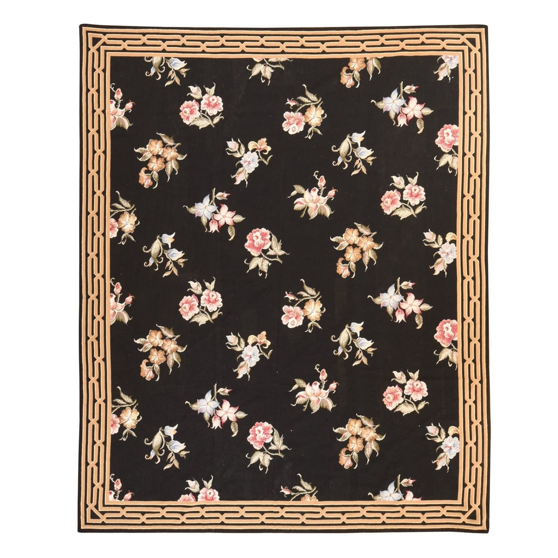 7'8"x9'5" Black Needlepoint with Botanical Design Wool Hand Stitched Rug: 7'8"x9'5" Black Needlepoint with Botanical Design Wool Hand Stitched Rug The intricately stitched black wool rug boasts an elegant botanical design, showcasing a beautiful floral pattern in subtle