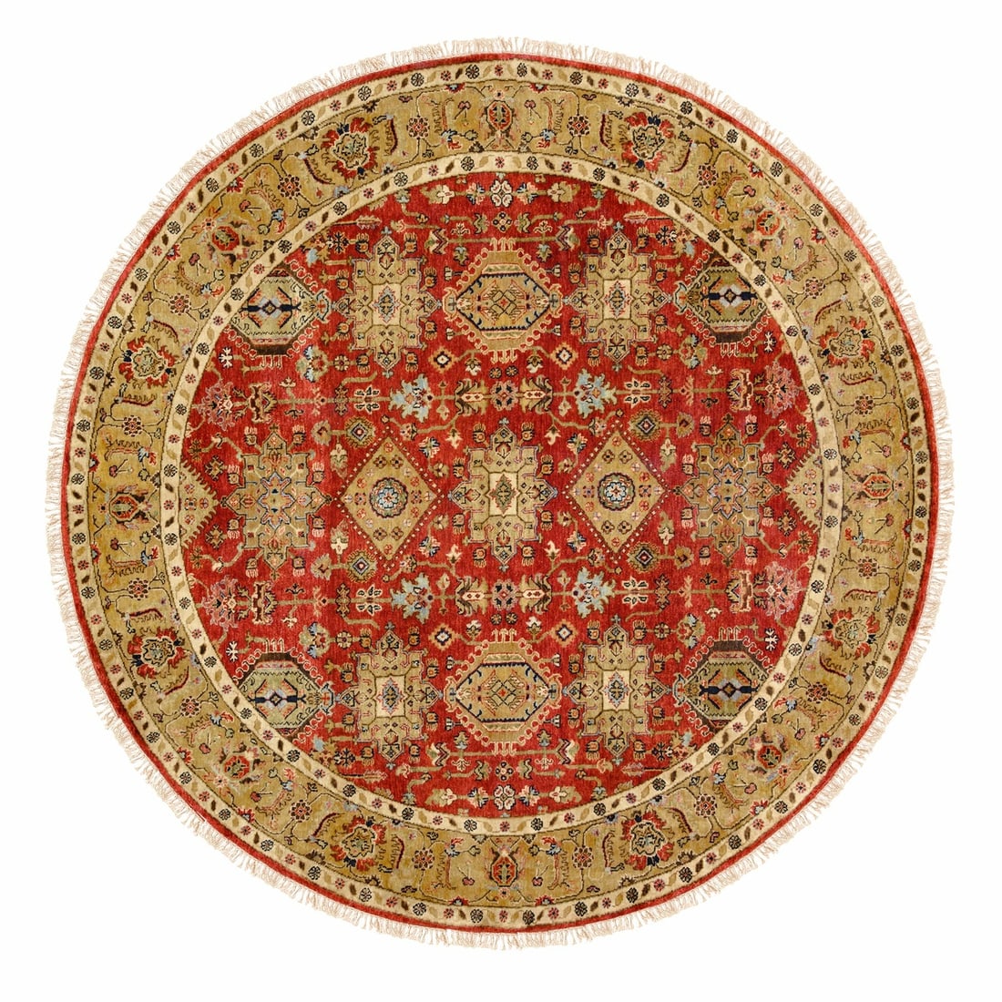 7'9"x7'9" Red Karjihooz Design Hand Knotted Pure Wool Oriental Round Rug: 7'9"x7'9" Red Karjihooz Design Hand Knotted Pure Wool Oriental Round Rug Hand-knotted in pure wool, this stunning 7'9"x7'9" red Oriental round rug boasts an intricate design that showcases the skill