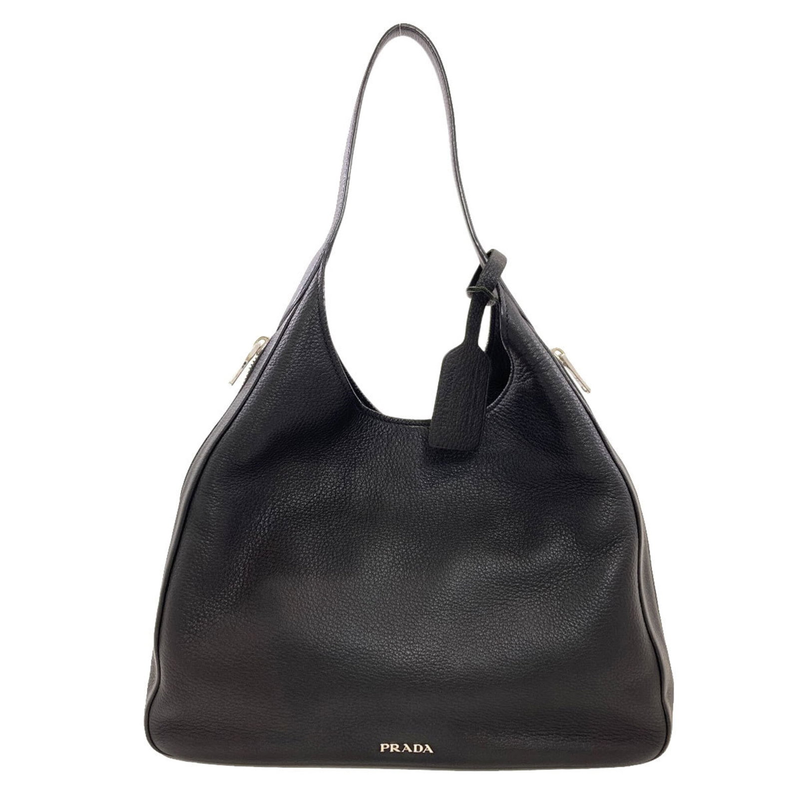 Shoulder Bag Prada Leather: Shoulder Bag Prada Leather This Prada leather shoulder bag features high-quality calfskin material in black, with a classic design and timeless style. The bag has some signs of usage, including