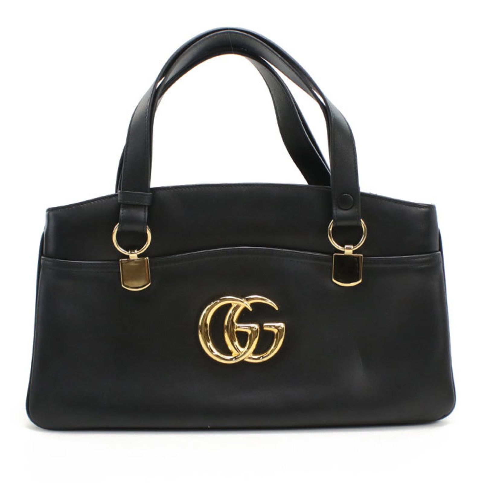 Handbag Leather Gucci: Handbag Leather Gucci This luxurious black leather Gucci handbag boasts sleek gold hardware, adding a touch of sophistication to its classic design. With a few subtle signs of wear and minor