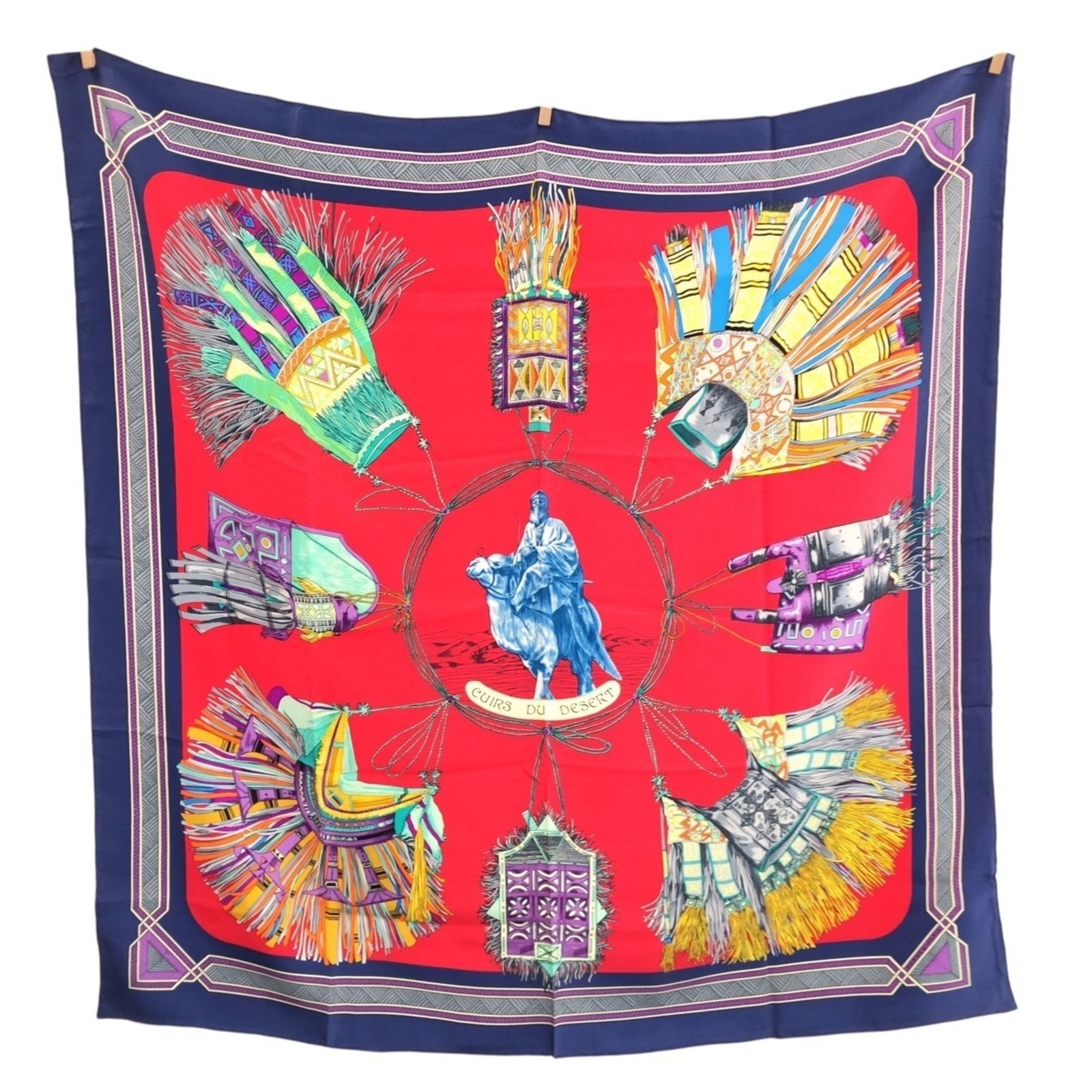 Silk Hermes Scarf: Silk Hermes Scarf This stunning silk scarf from Herm?s features a beautiful blue, multi-color, and red design. Made from high-quality silk, it measures 86cm x 87cm in size and has a few traces of