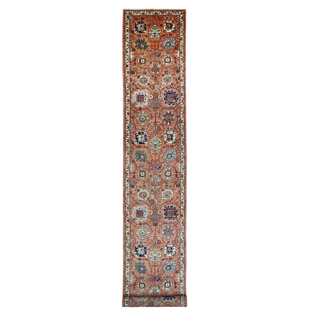2'8"x19' Red Northwest Zoroastrian Design Hand Knotted Wool Runner Rug: 2'8"x19' Red Northwest Zoroastrian Design Hand Knotted Wool Runner Rug Hand-knotted wool runner rug with an all-over Zoroastrian design in vibrant red hues, measuring 2'8" x 19', adds a pop of color t