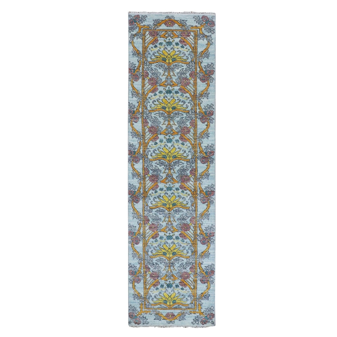 Pure wool rug blue William Morris hand knotted inspired 2'8"x9'5 (1 of 7)