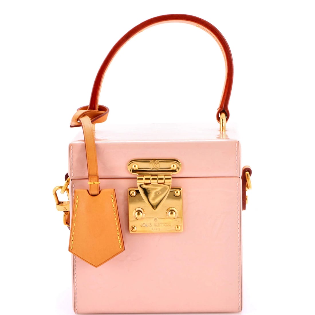 Vernis box bag monogram bleecker louis vuitton nm: Vernis box bag monogram bleecker louis vuitton nm Patent leather exterior, pink Vernis monogram, and gold hardware define the classic Bleecker Box style in this Louis Vuitton bag. The interior