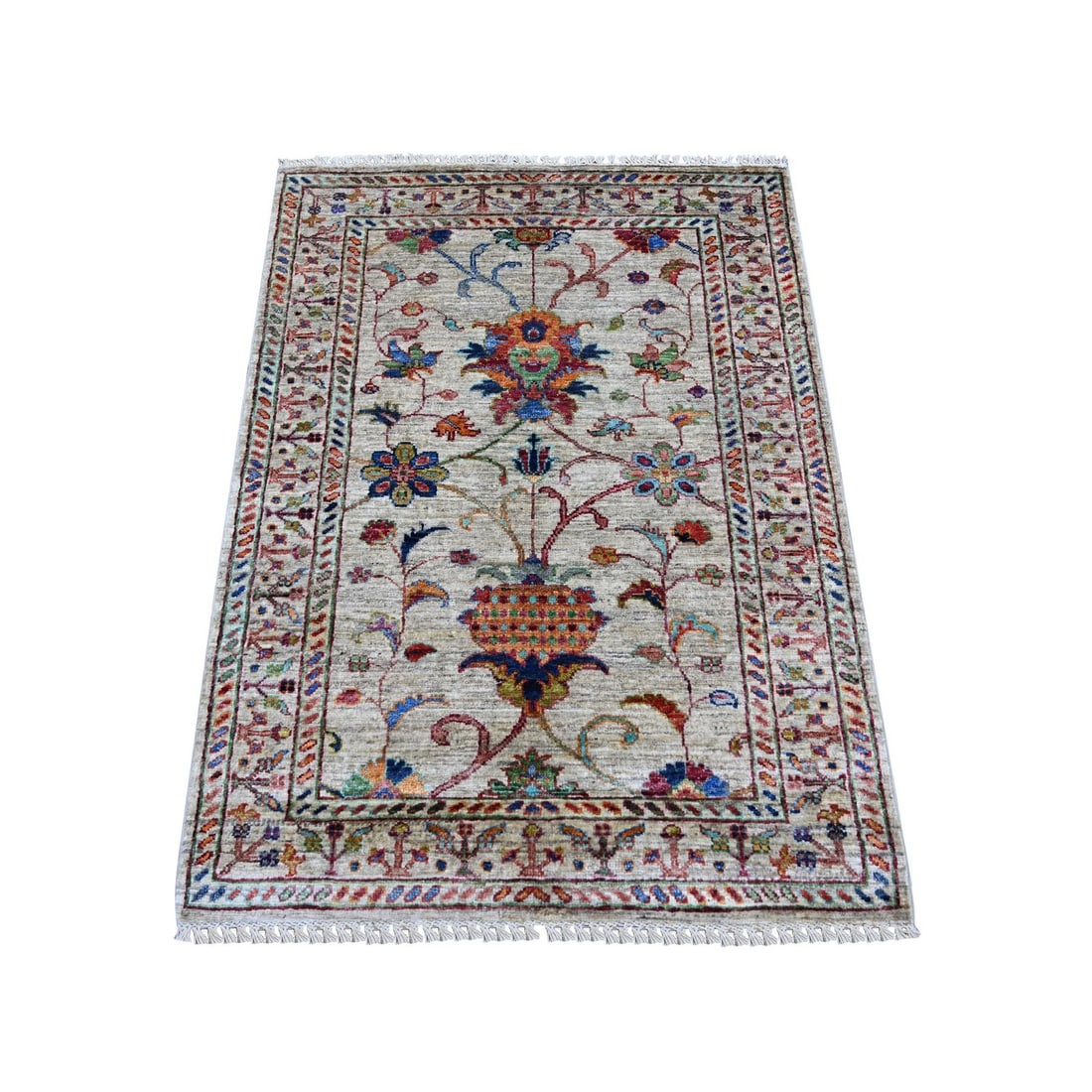 2'9"x4' Gray Hand Knotted Afghan Sultani Pomegranate Design Wool Rug: 2'9"x4' Gray Hand Knotted Afghan Sultani Pomegranate Design Wool Rug The Sultani Pomegranate design in gray wool creates a sophisticated and elegant look on the rectangular field, while the hand-knott
