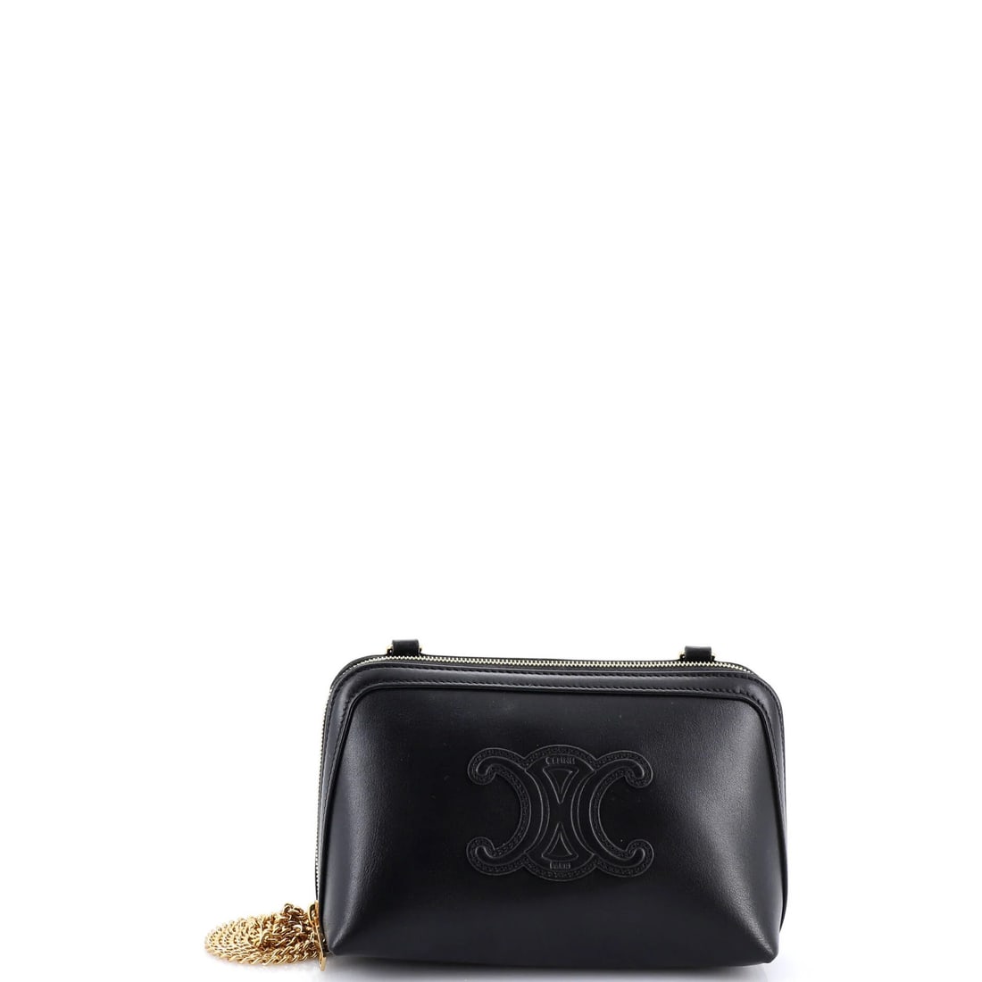 Celine Cuir Triomphe Zip Around Chain Clutch Leather: Celine Cuir Triomphe Zip Around Chain Clutch Leather Black Celine Cuir Triomphe Zip Around Chain Clutch Leather bag with gold hardware, featuring scuffs and minor edge wear on the exterior and