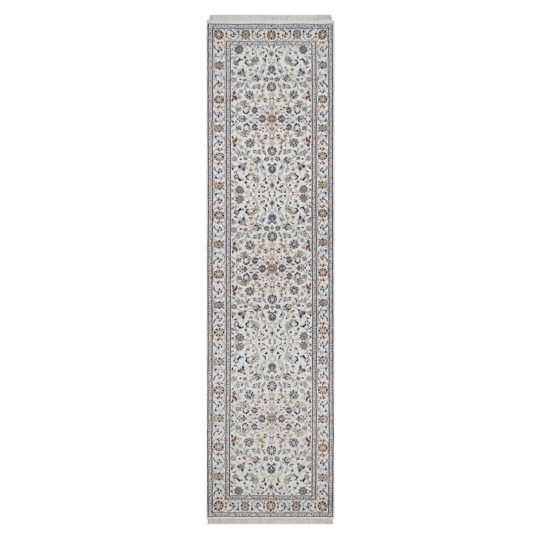 2'8"x10'4" Ivory Nain Flower Design Hand Knotted Wool & Silk 250 KPSI Runner: 2'8"x10'4" Ivory Nain Flower Design Hand Knotted Wool & Silk 250 KPSI Runner The Ivory Nain Flower Design Hand Knotted Wool & Silk Runner boasts an all-over regional design, showcasing intricate