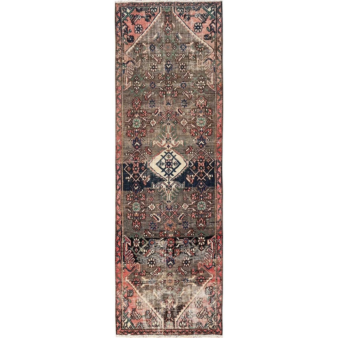2'8"x8'9" Brown Vintage Zoroastrian Bibikabood Wool Hand Knotted Runner Rug: 2'8"x8'9" Brown Vintage Zoroastrian Bibikabood Wool Hand Knotted Runner Rug This stunning 2'8"x8'9" Brown Vintage Zoroastrian Bibikabood Wool Hand Knotted Runner Rug boasts an all-over regional design