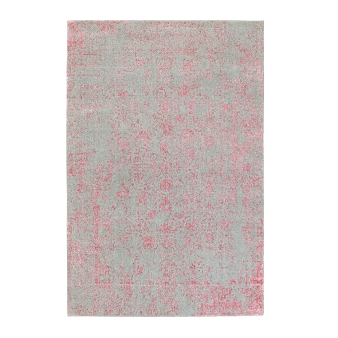 6'x9' Pink Wool and Art Silk Transitional Design Hand Loomed Jacquard Rug: 6'x9' Pink Wool and Art Silk Transitional Design Hand Loomed Jacquard Rug The 6'x9' Pink Wool and Art Silk Transitional Design Hand Loomed Jacquard Rug boasts a stunning pink field with an intricate,