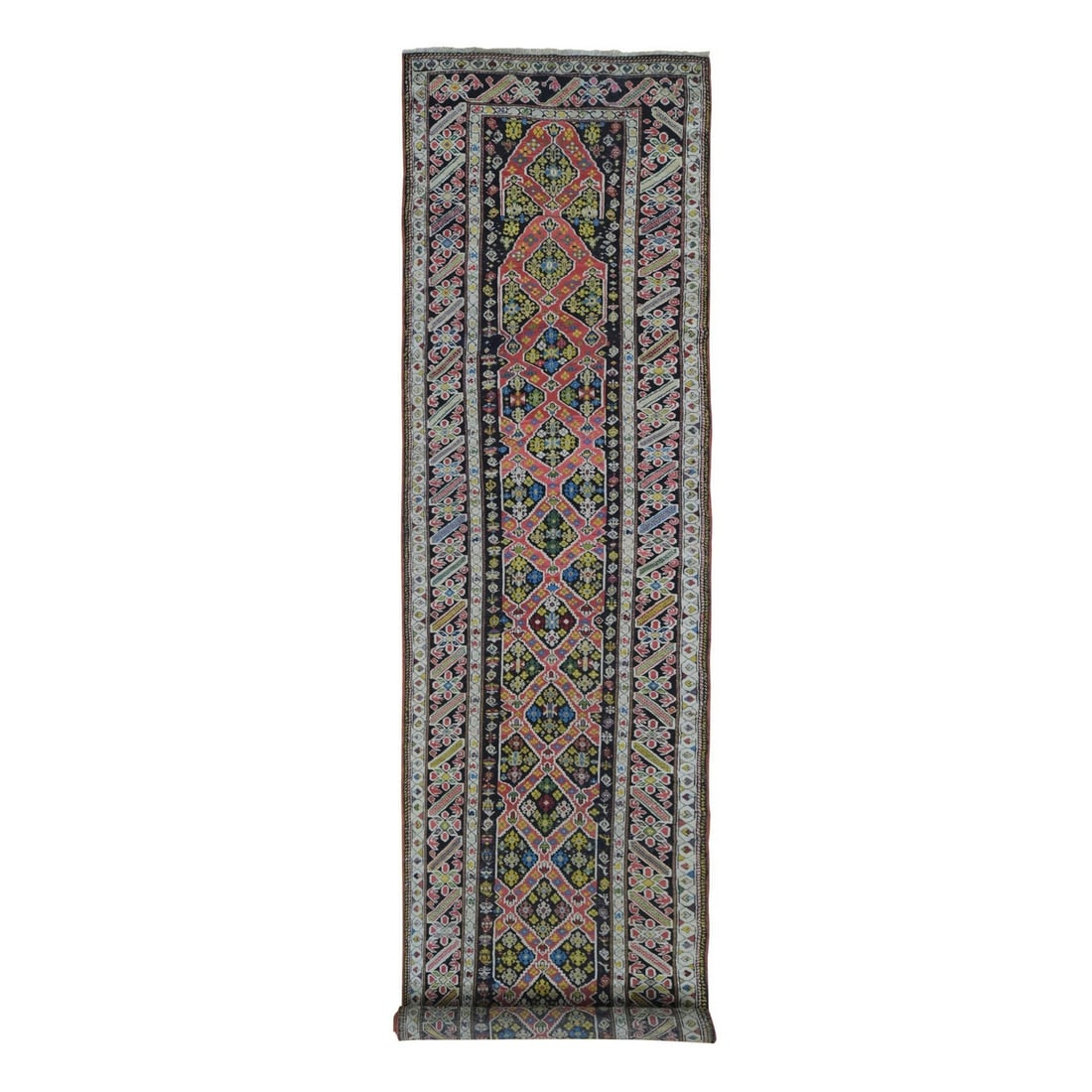 3'1"x14'3" Green Antique Caucasian Runner High KPSI Hand Knotted Wool Rug: 3'1"x14'3" Green Antique Caucasian Runner High KPSI Hand Knotted Wool Rug Hand-knotted in wool, this stunning 3'1"x14'3" Oriental runner rug boasts an intricate regional design characteristic of Turki