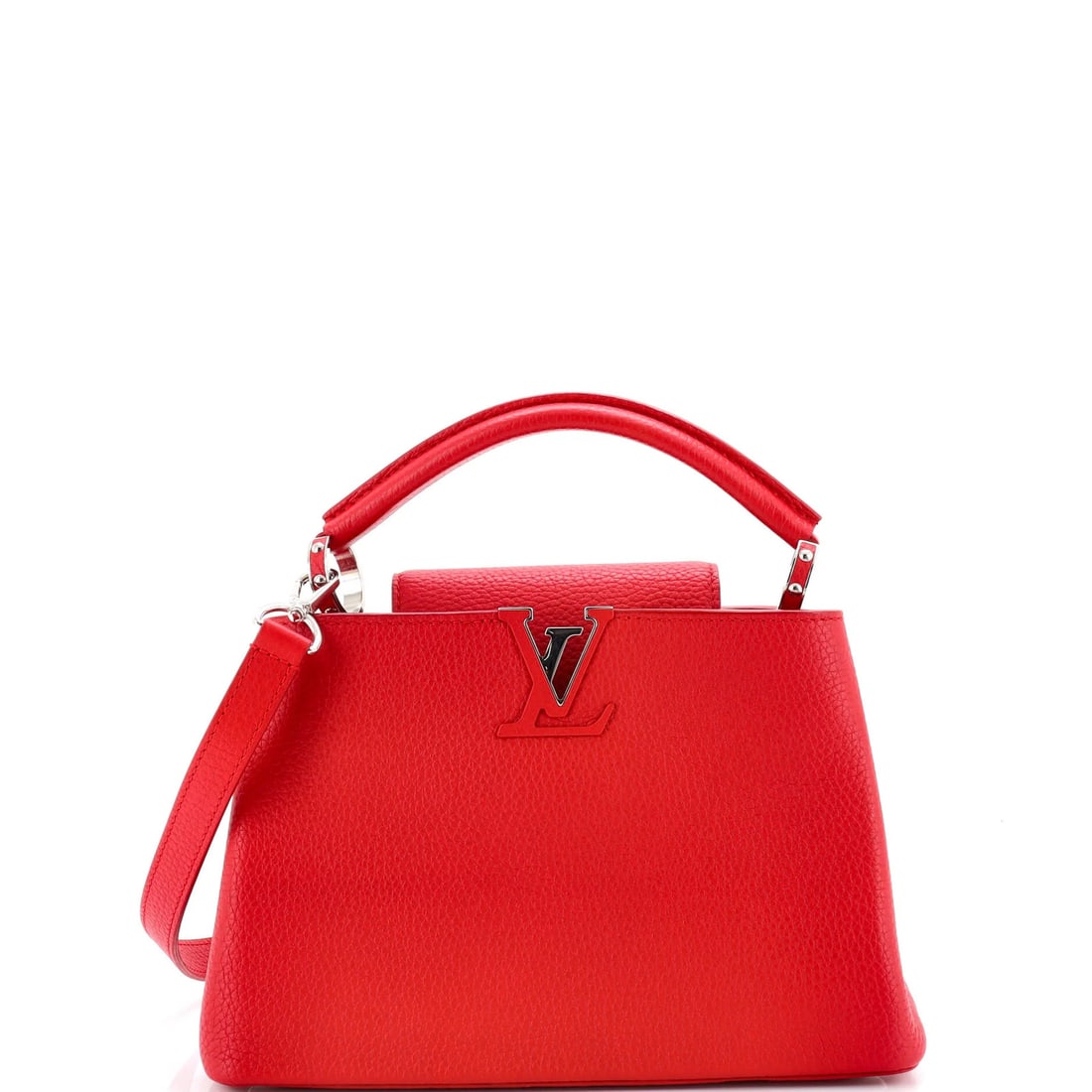 Louis Vuitton Capucines Bag Leather BB: Louis Vuitton Capucines Bag Leather BB The Louis Vuitton Capucines Bag Leather BB boasts sleek red leather exterior with silver hardware, complemented by rich red interior. Measuring 7" tall and 10"