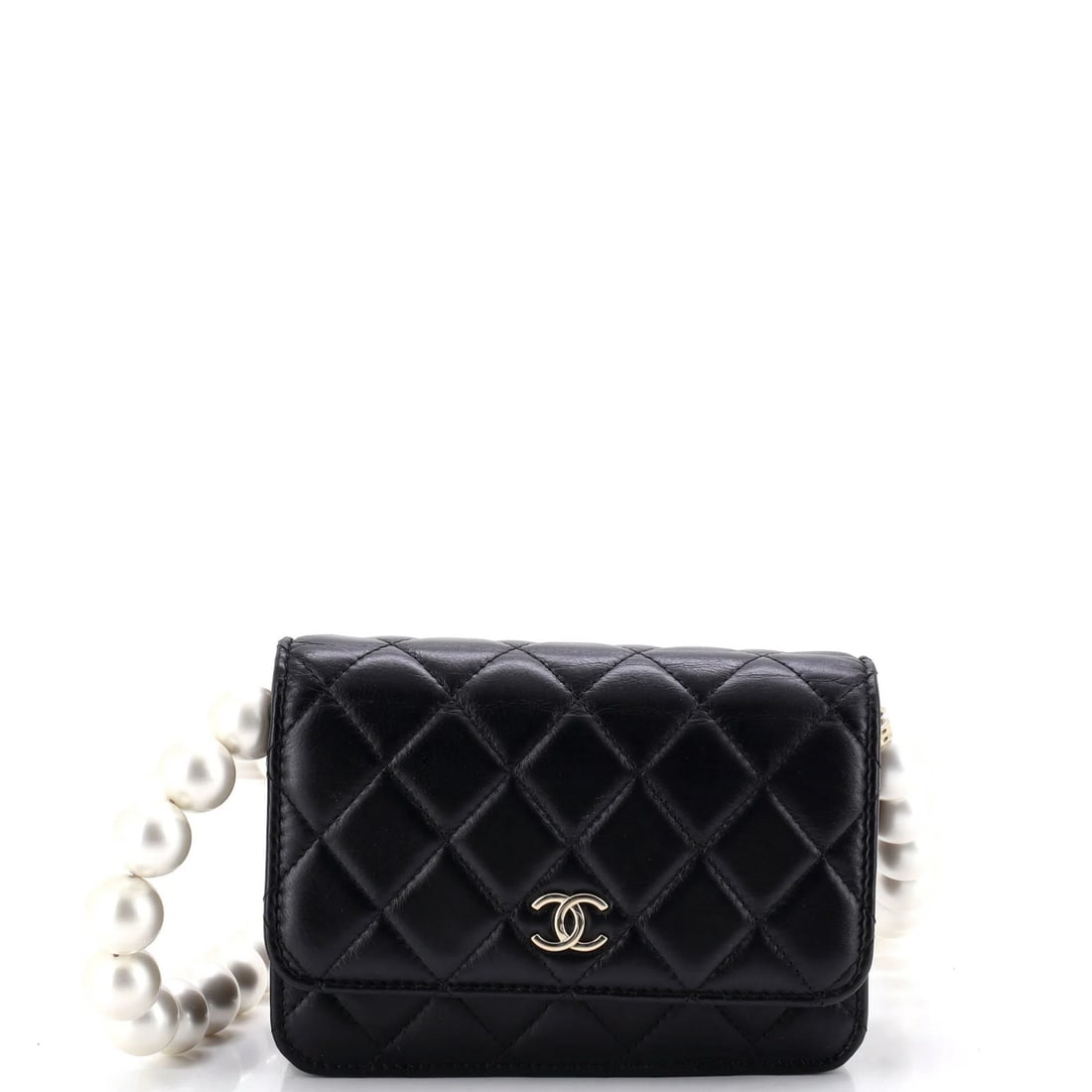 Calfskin mini quilted chain strap wallet cc chanel pearl: Calfskin mini quilted chain strap wallet cc chanel pearl Black quilted calfskin mini wallet with chain strap, featuring gold tone hardware and pearl accent. This CC Chanel Pearl wallet on chain