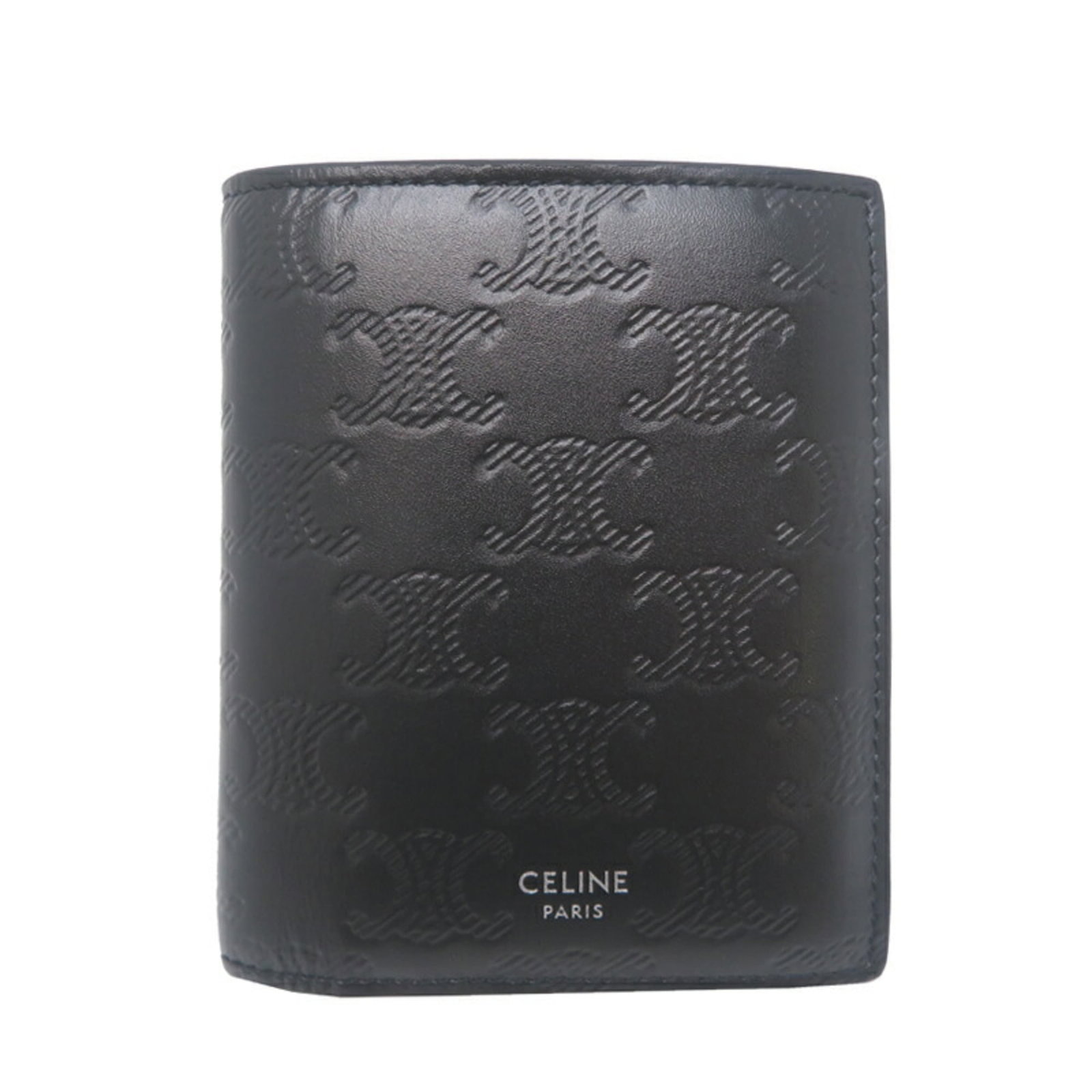 Leather wallet bi-fold celine: Leather wallet bi-fold celine Calfskin leather bi-fold wallet from Celine, featuring bill slot, card slot, coin purse, and pocket size. The black leather has traces of usage with scratches and dirt, b