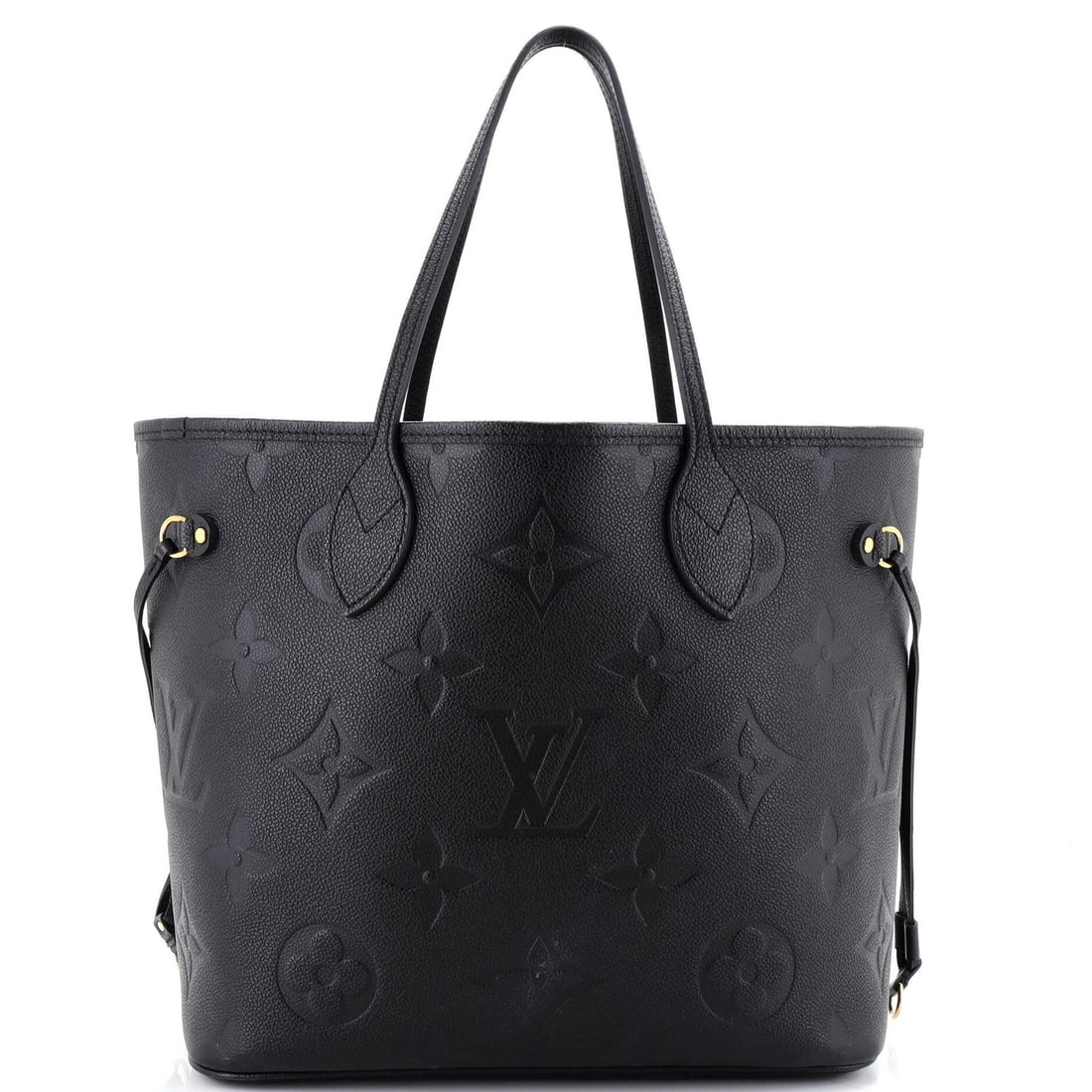 Neverfull Tote Monogram Empreinte Giant Louis Vuitton: Neverfull Tote Monogram Empreinte Giant Louis Vuitton Black Neverfull Tote Monogram Empreinte Giant MM Louis Vuitton features scuffed exterior, edge wear, and minor creases. The interior boasts microf