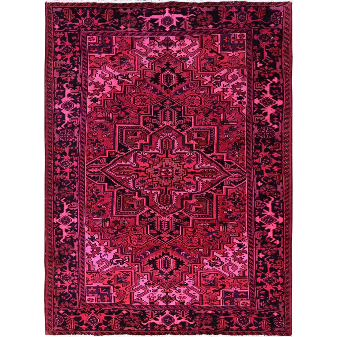 7'x9'5" Red Overdyed Semi Antique Zoroastrian Heris Hand Knotted Wool Rug: 7'x9'5" Red Overdyed Semi Antique Zoroastrian Heris Hand Knotted Wool Rug Red Overdyed Semi Antique Zoroastrian Heris Hand Knotted Wool Rug boasts an intricate medallion pattern in shades of red, gree