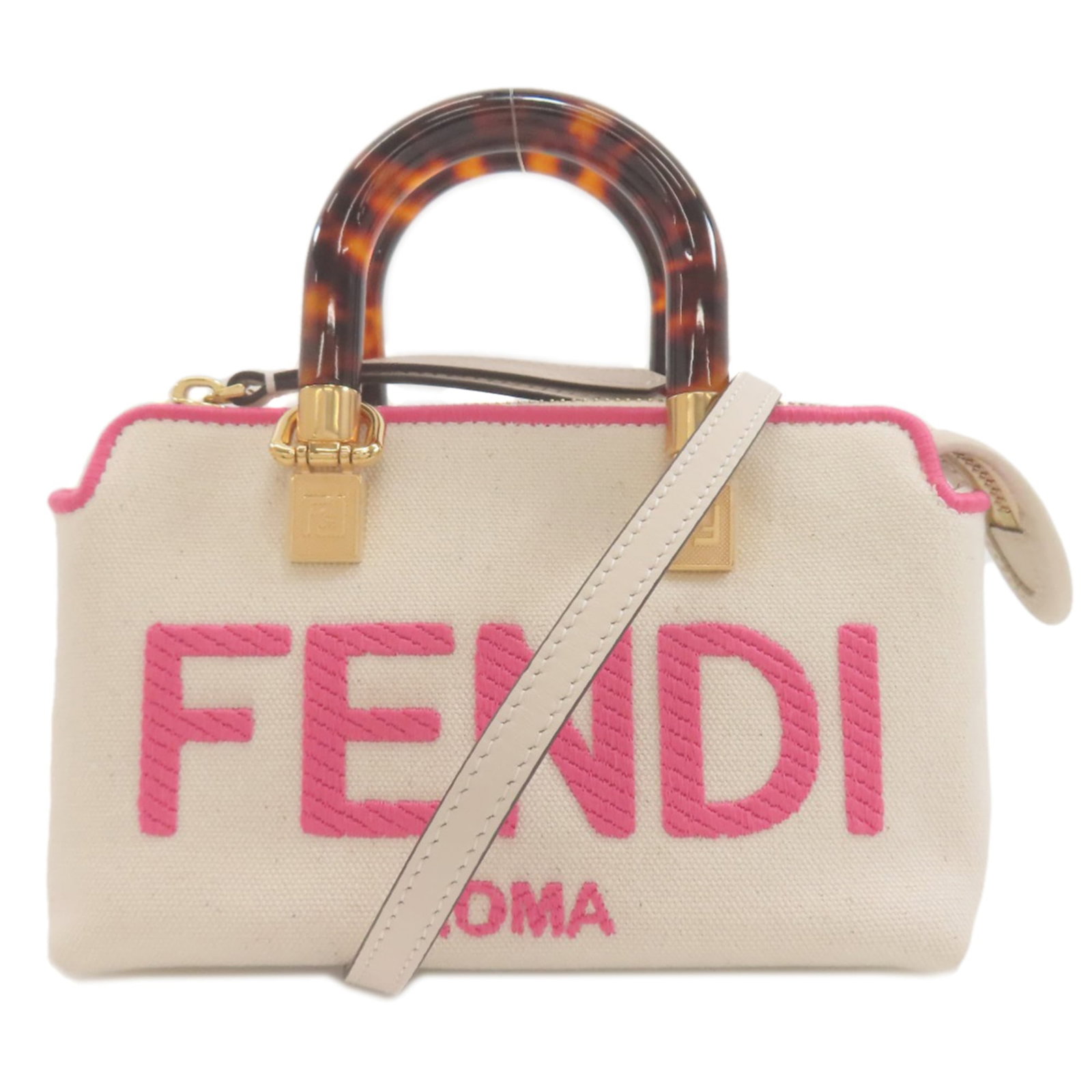 Handbag Fendi Canvas: Handbag Fendi Canvas Pink and White Fendi Canvas Handbag. This canvas handbag features a zipper closure, open pocket, and adjustable strap length of 126cm. With its vibrant pink and white color scheme