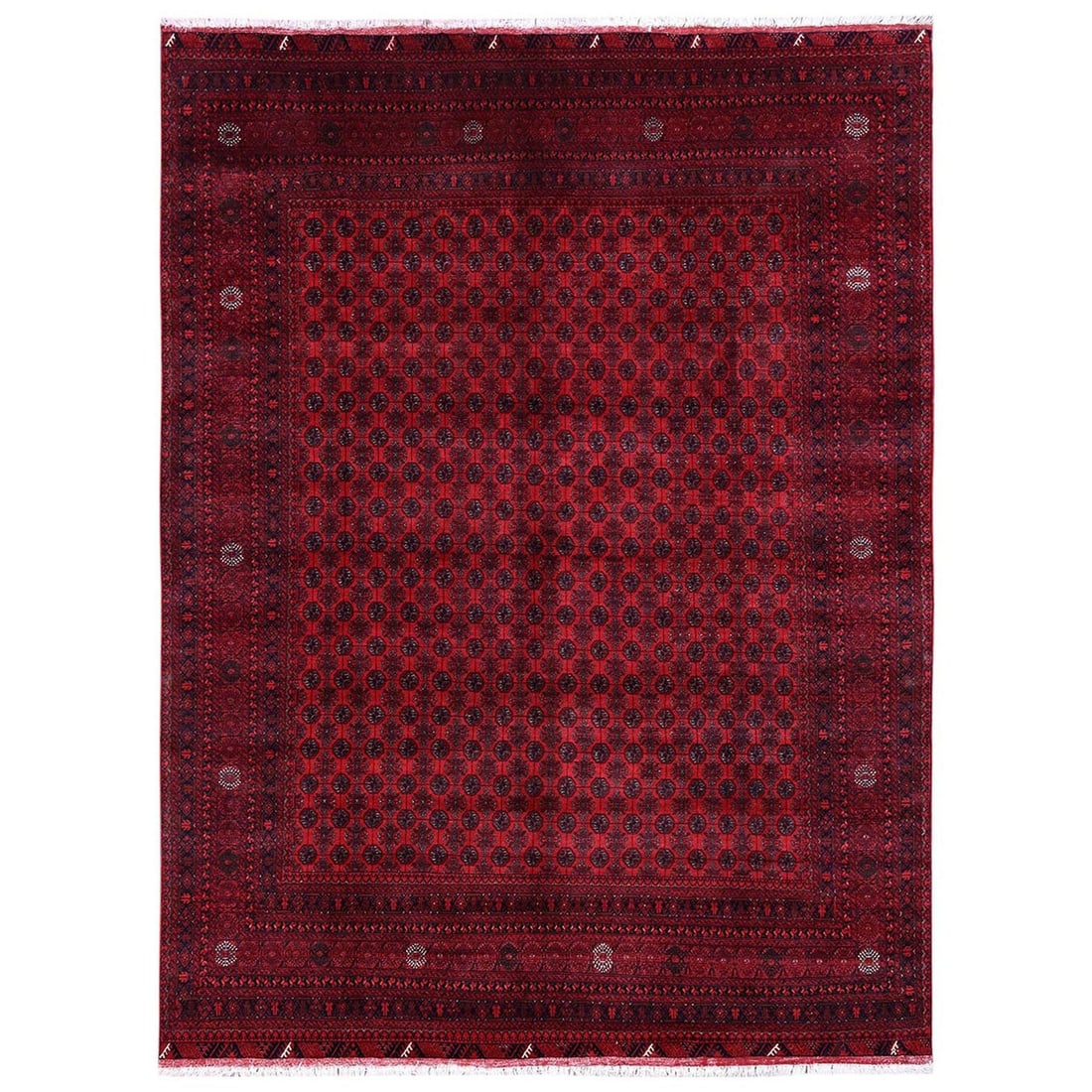 Red Khamyab Turkaman with 8'3"x11'1" Khoja Roshni Hand Knotted Wool: Red Khamyab Turkaman with 8'3"x11'1" Khoja Roshni Hand Knotted Wool The Red Khamyab Turkaman with 8'3"x11'1" Khoja Roshni Hand Knotted Wool rug boasts a vibrant all-over regional design in rich red