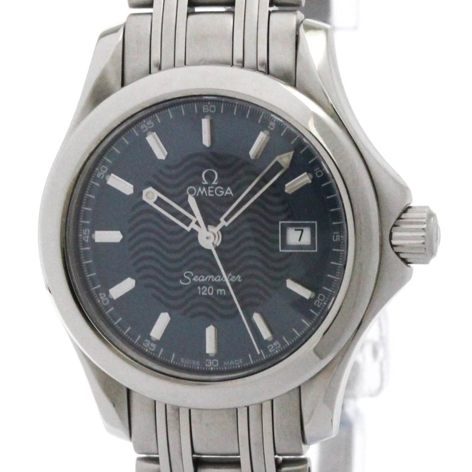 Omega Wristwatch: Omega Wristwatch Stainless steel case and band provide a sleek, sporty look. The blue dial adds a pop of color to this Omega wristwatch, which features a diameter of 29mm. With some minor scratches an
